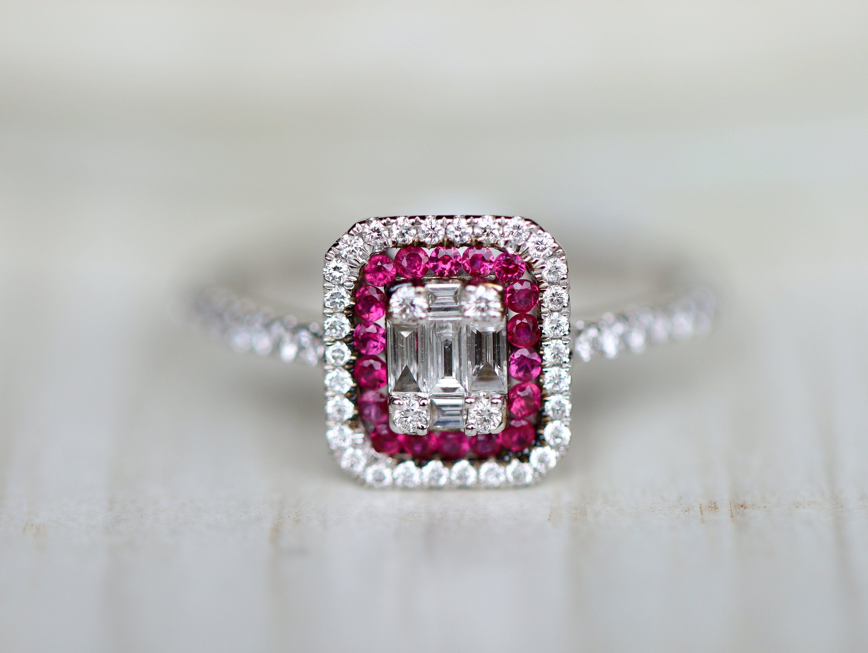 Diamond & Ruby Ring | Illusion Setting | Diamond Baguette Engagement | Anniversary Ring -