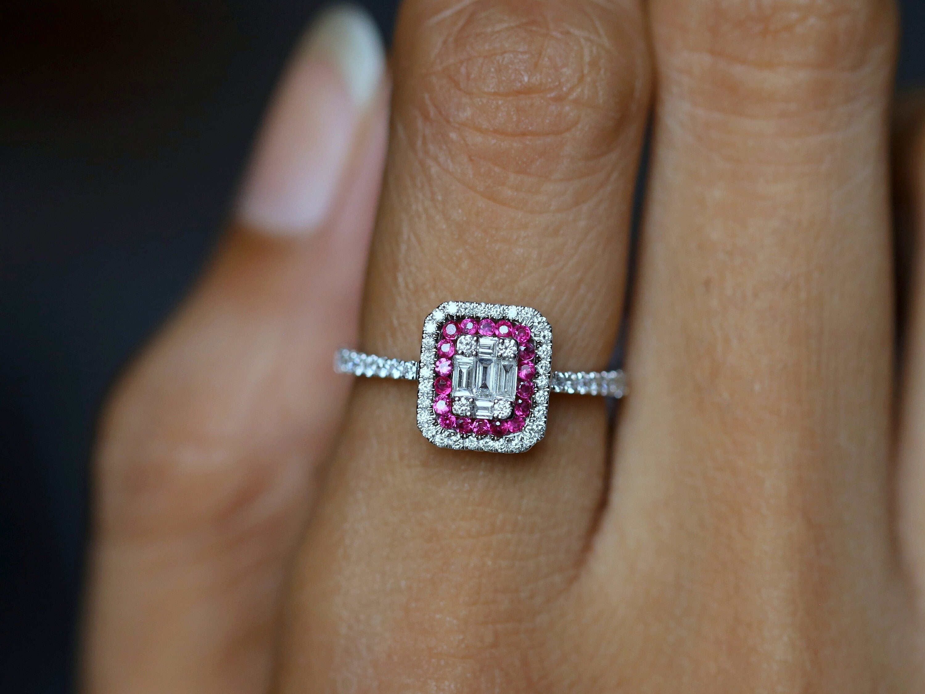 Diamond & Ruby Ring | Illusion Setting | Diamond Baguette Engagement | Anniversary Ring -