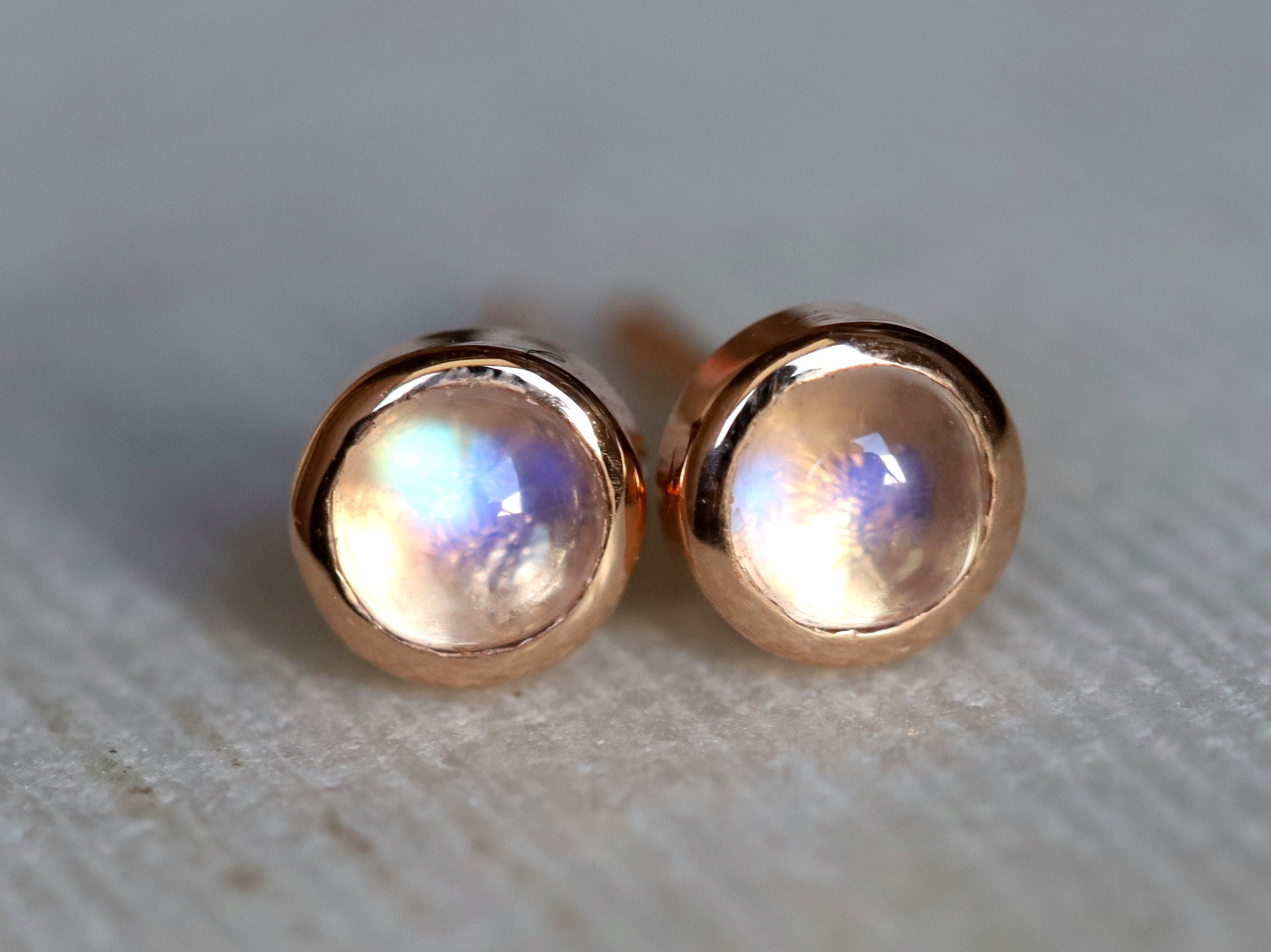 Rainbow Moonstone Earrings | Solid Gold Moonstone Studs | Minimalist Rainbow Studs for Her -