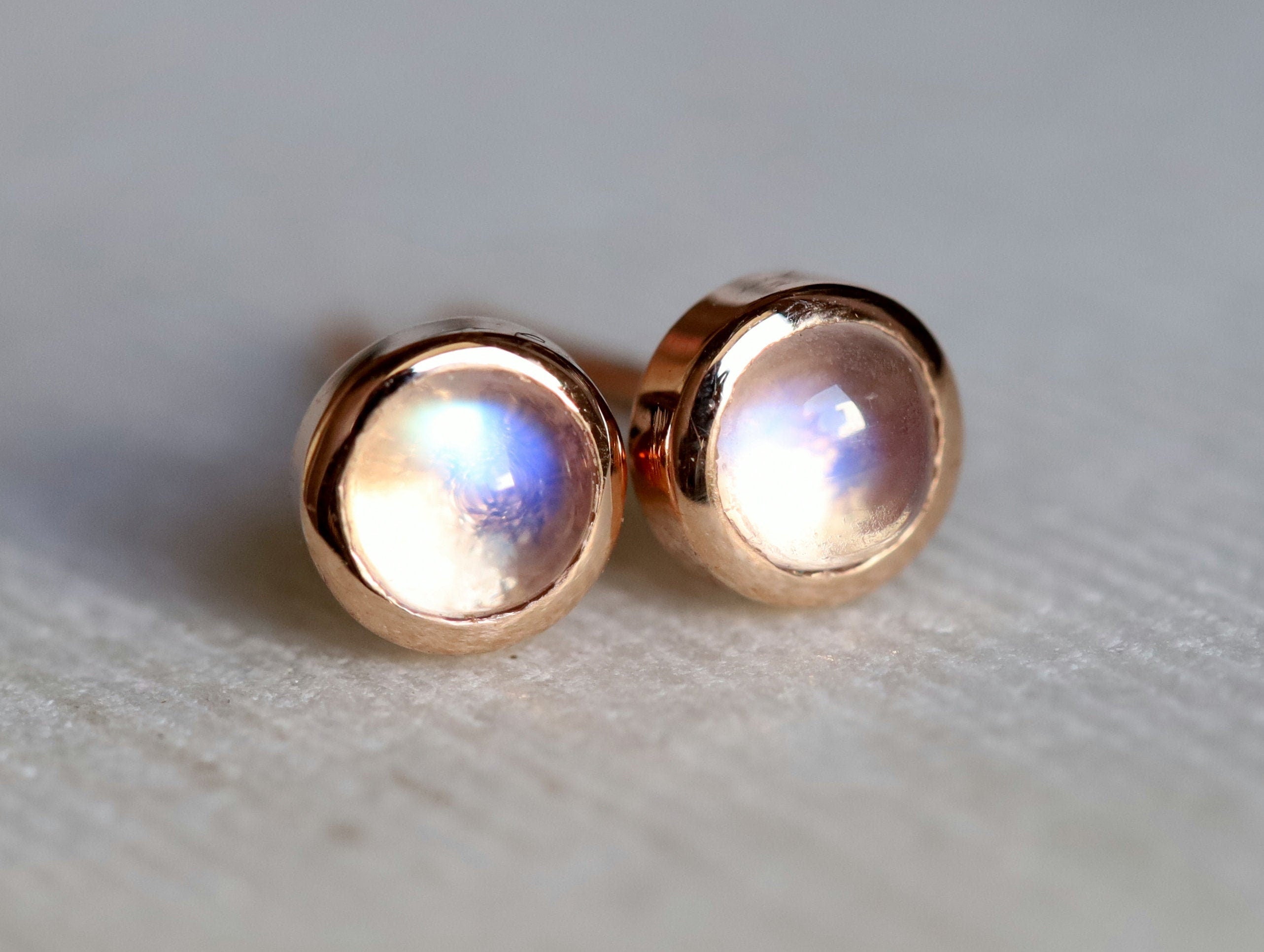 Rainbow Moonstone Earrings | Solid Gold Moonstone Studs | Minimalist Rainbow Studs for Her -
