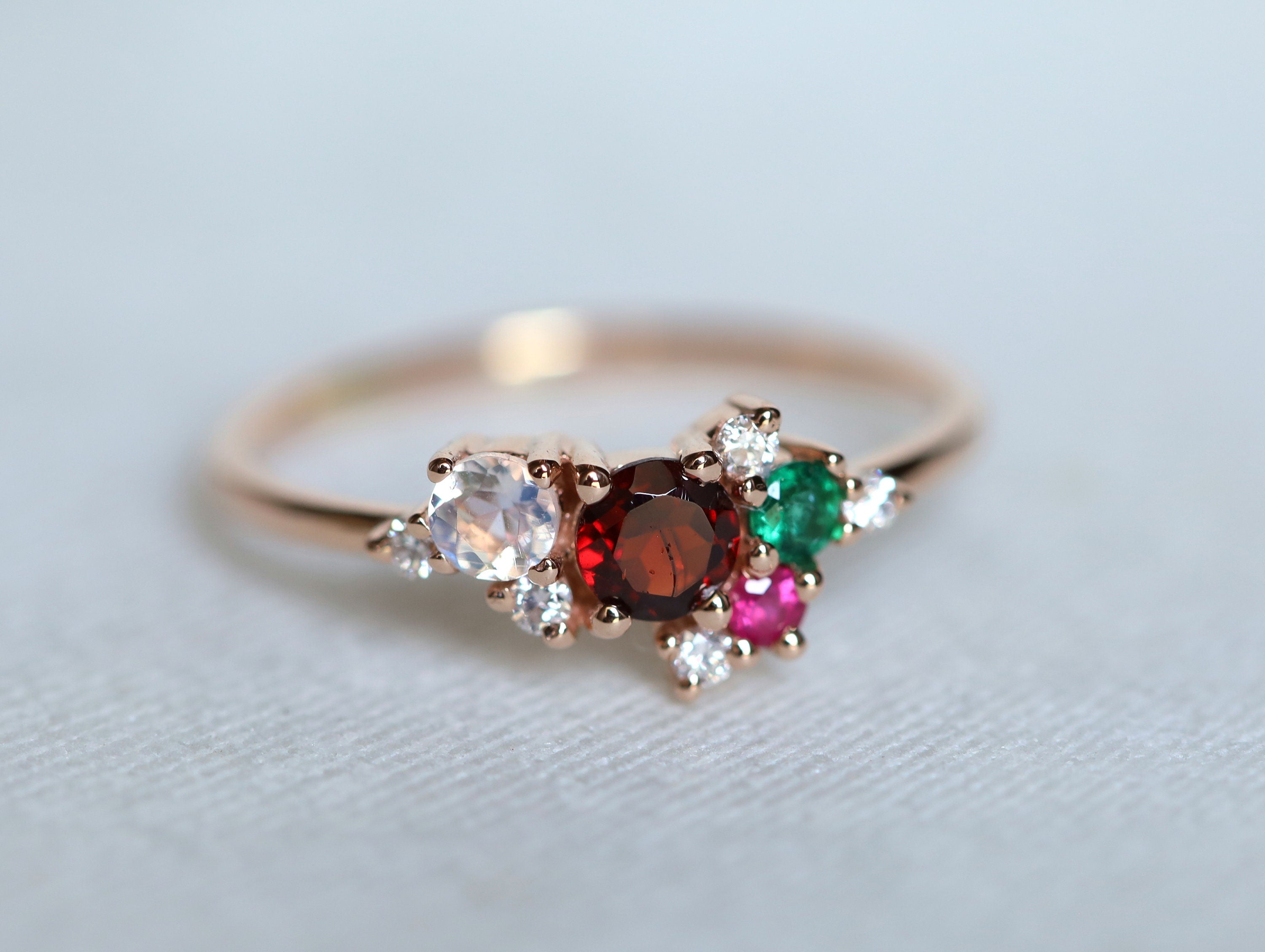 Garnet Moonstone Emerald Cluster Ring | Garnet & Diamond Ring | January Birthstone -