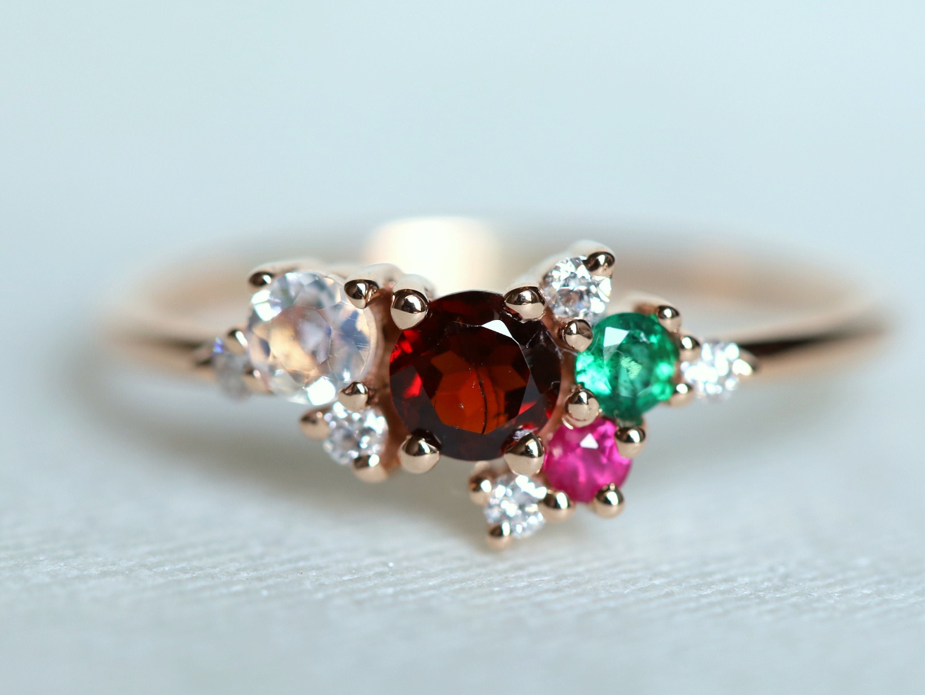 Garnet Moonstone Emerald Cluster Ring | Garnet & Diamond Ring | January Birthstone -