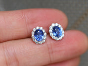 Natural Blue Sapphire Halo Earrings | Sapphire Stud Earrings | Gold Studs | Genuine Sapphire Jewelry -