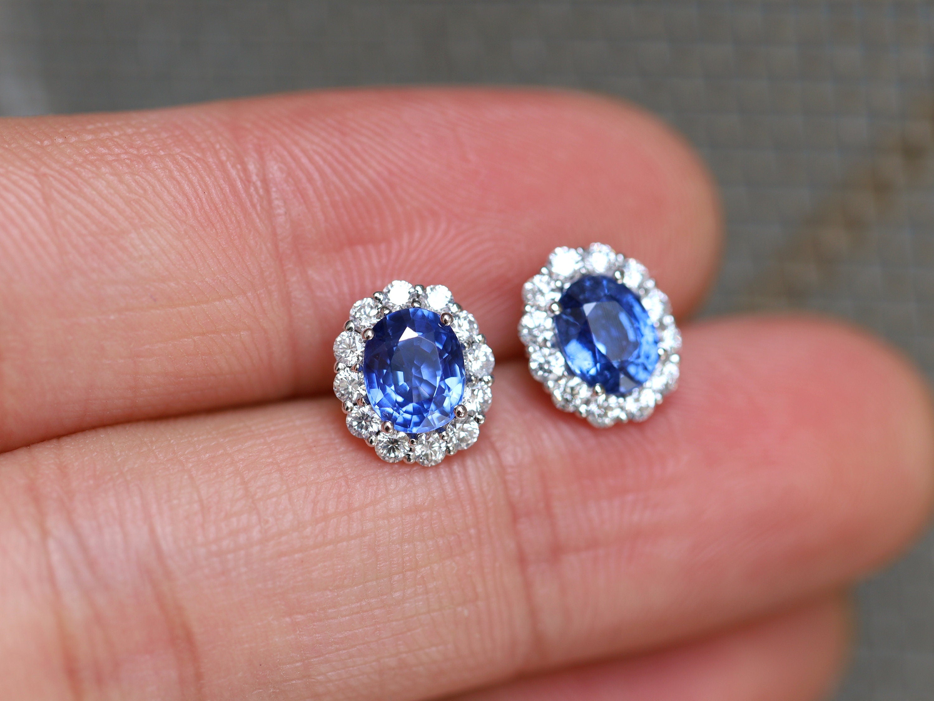Natural Blue Sapphire Halo Earrings | Sapphire Stud Earrings | Gold Studs | Genuine Sapphire Jewelry -