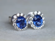 Natural Blue Sapphire Halo Earrings | Sapphire Stud Earrings | Gold Studs | Genuine Sapphire Jewelry -
