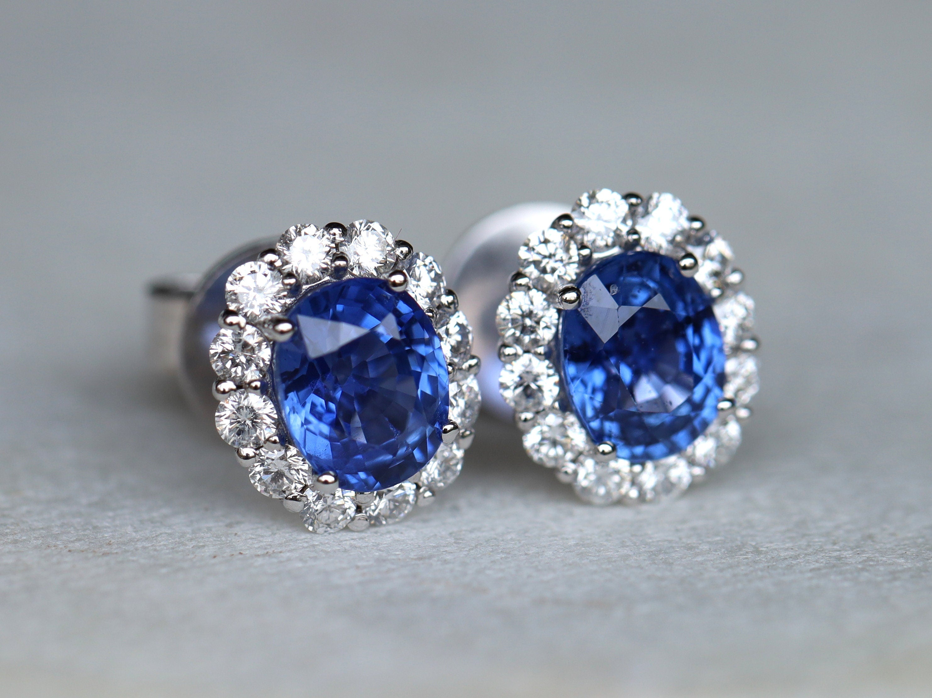 Natural Blue Sapphire Halo Earrings | Sapphire Stud Earrings | Gold Studs | Genuine Sapphire Jewelry -