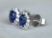 Natural Blue Sapphire Halo Earrings | Sapphire Stud Earrings | Gold Studs | Genuine Sapphire Jewelry -
