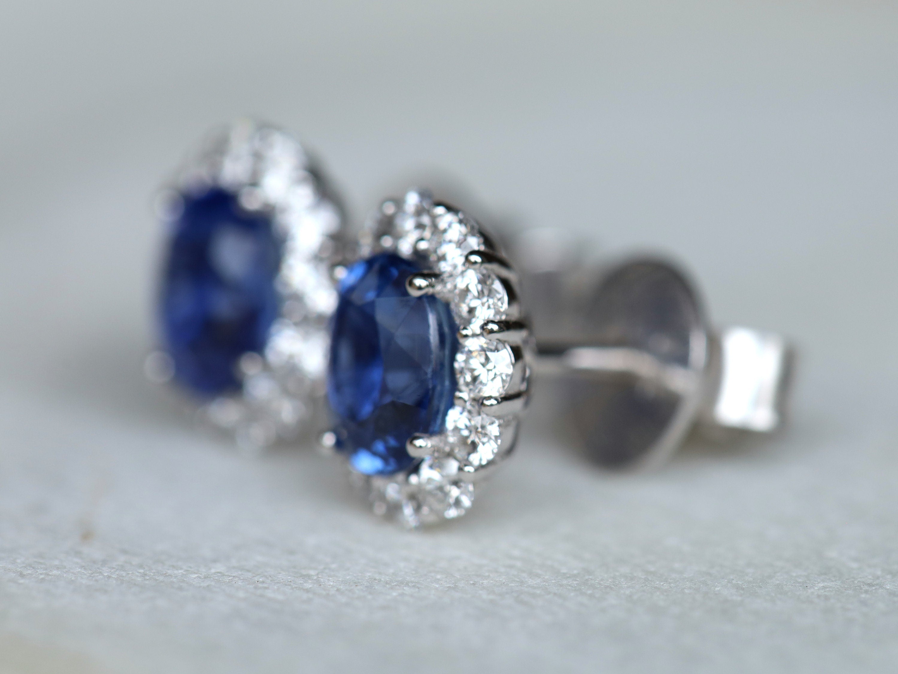 Natural Blue Sapphire Halo Earrings | Sapphire Stud Earrings | Gold Studs | Genuine Sapphire Jewelry -