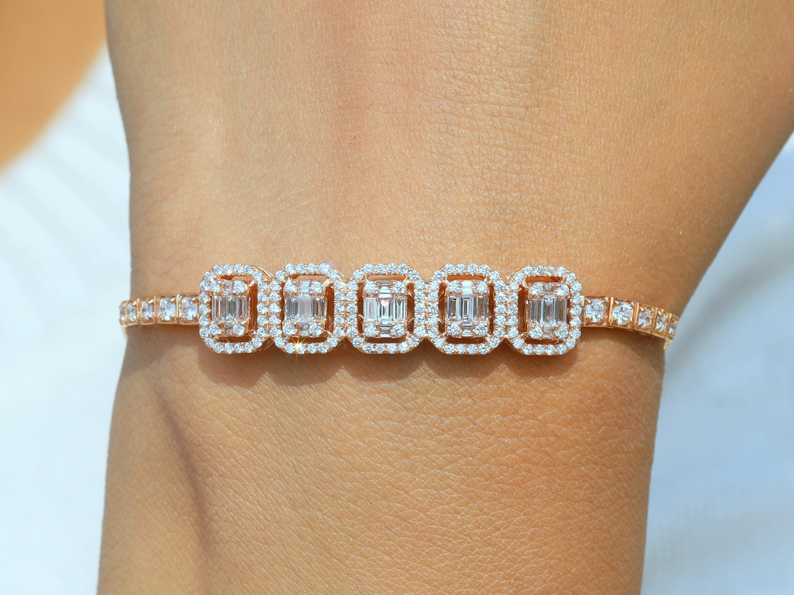 Natural Diamond Baguette Slider Tennis Bracelet | Illusion Setting Diamond Bracelet | Baguette & Round Diamond Bracelet -