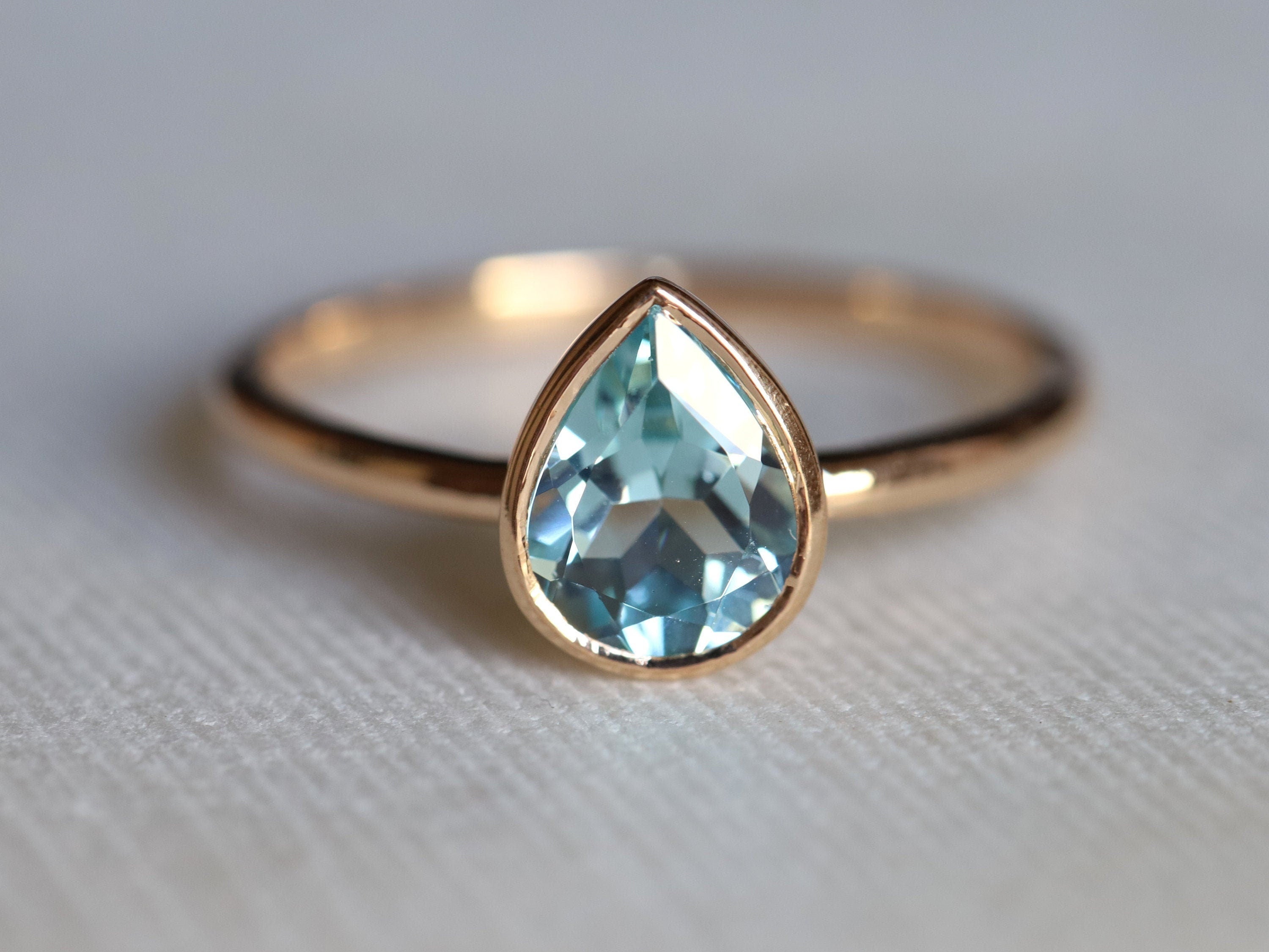Pear Cut Aquamarine Engagement Ring | Basic Bezel Set March Birthstone Ring -