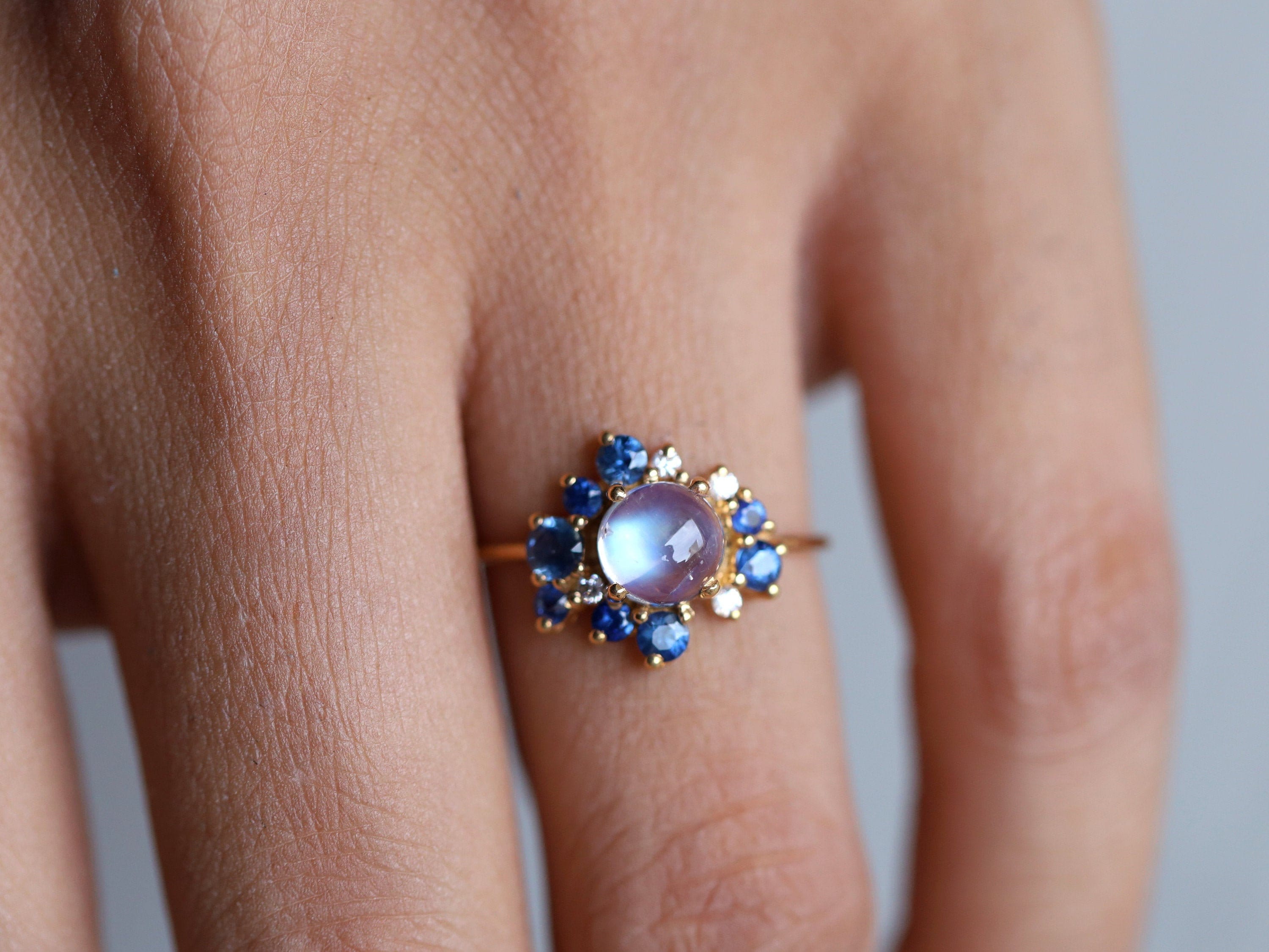 Moonstone Sapphire Cluster Ring | Rainbow Moonstone Engagement Ring | Anniversary Gift -