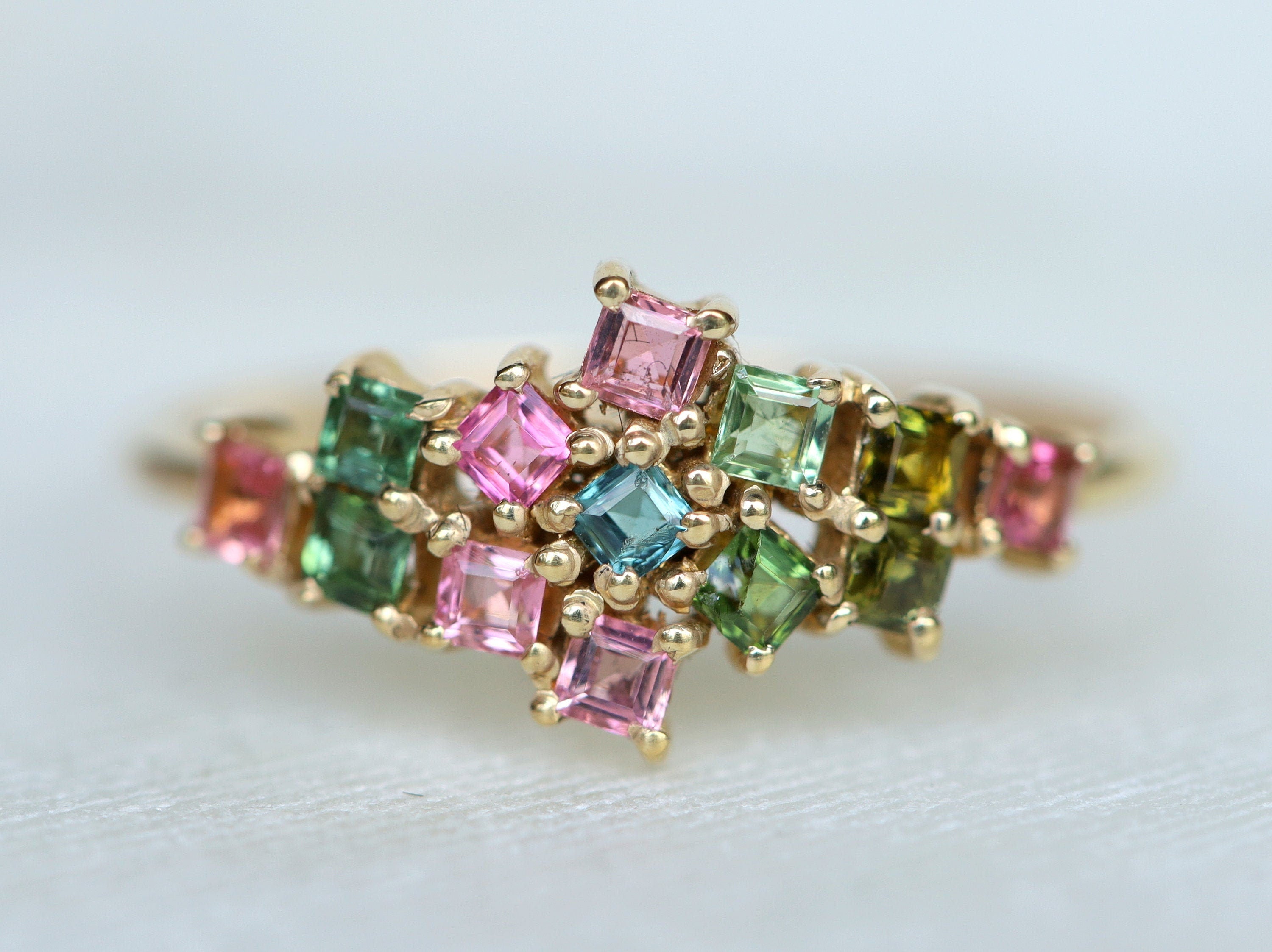 Multi-Color Tourmaline Cluster Ring | Pink & Green Tourmaline Engagement Ring | October Birthstone -