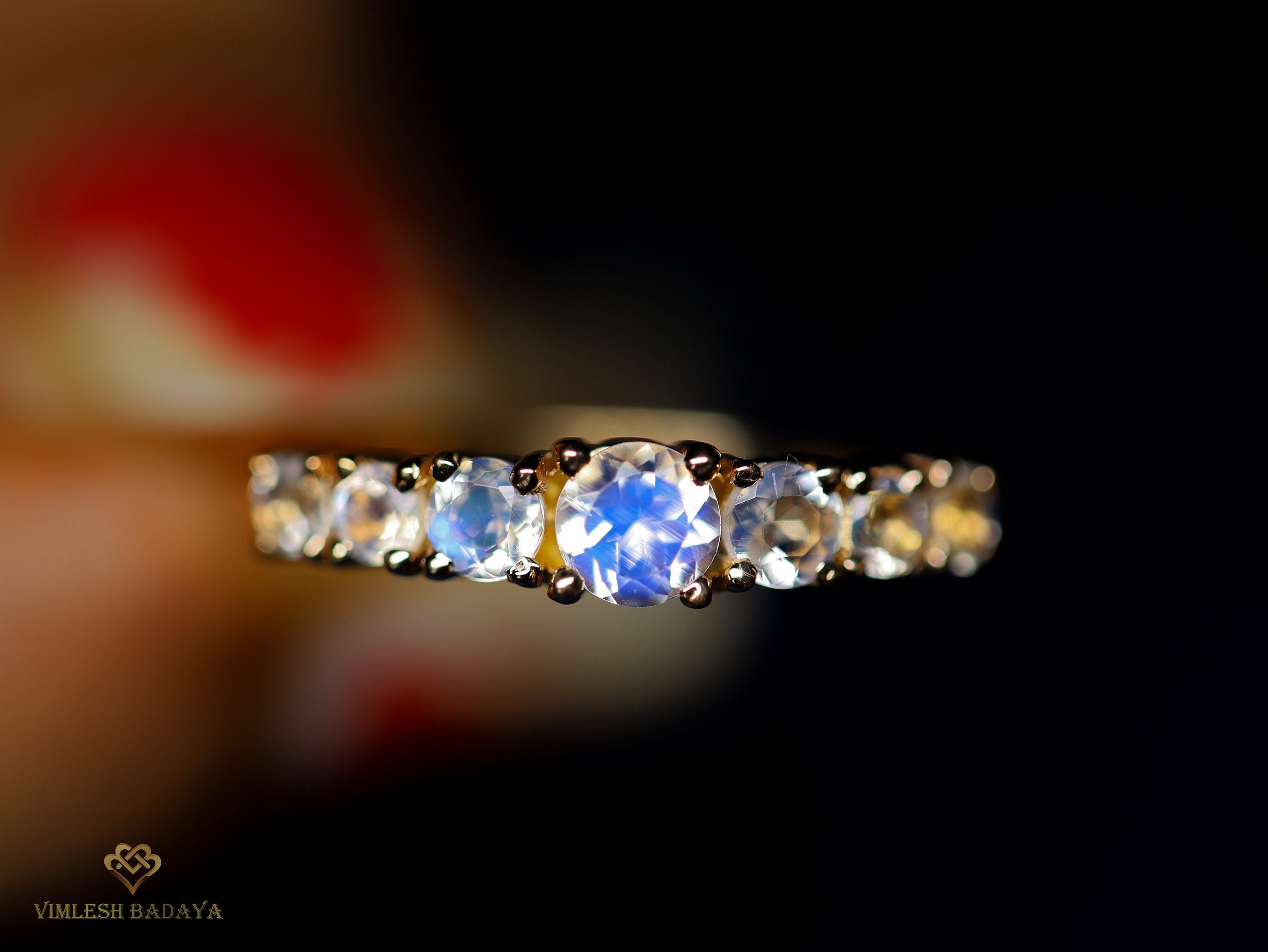 Rainbow Moonstone Engagement Ring | 7 Stone June Birthstone Ring | Solid Gold Cluster Ring -