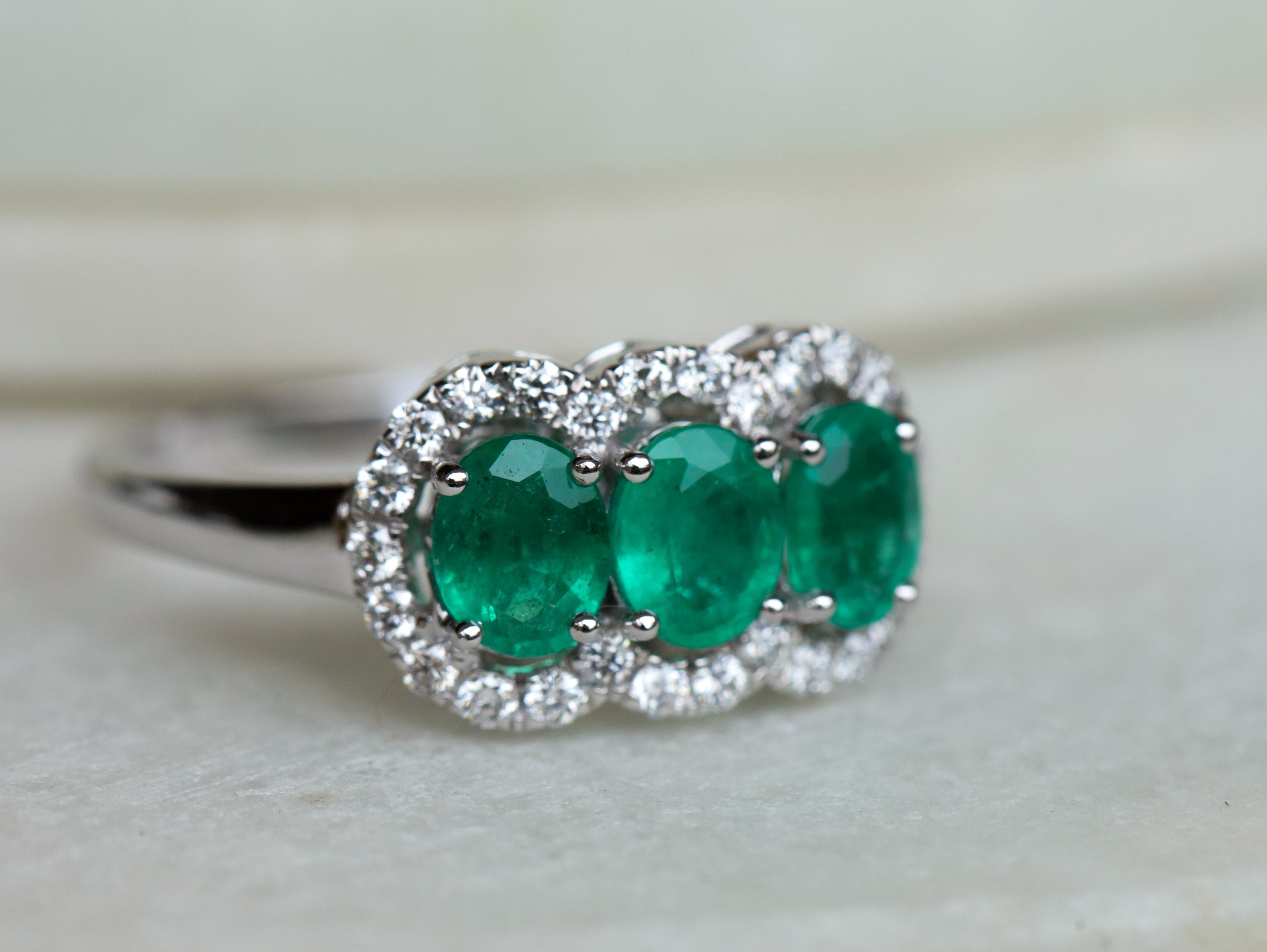 Art Deco Three-Stone Emerald Engagement Ring | Vintage Halo Emerald and Diamond Ring -