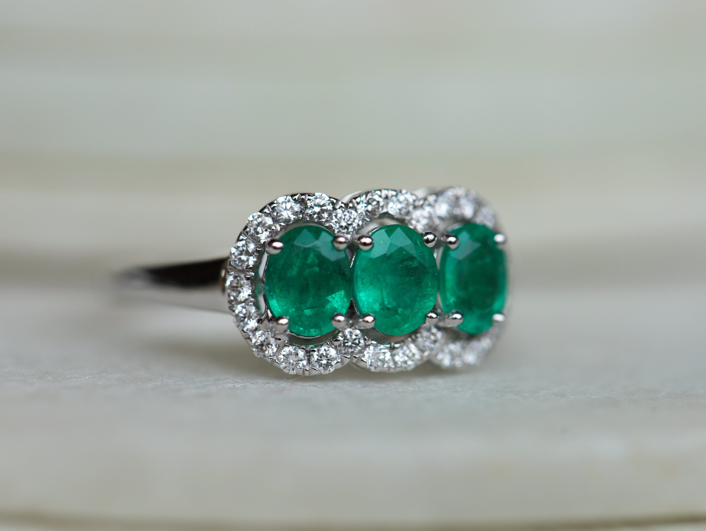 Art Deco Three-Stone Emerald Engagement Ring | Vintage Halo Emerald and Diamond Ring -