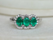 Art Deco Three-Stone Emerald Engagement Ring | Vintage Halo Emerald and Diamond Ring -