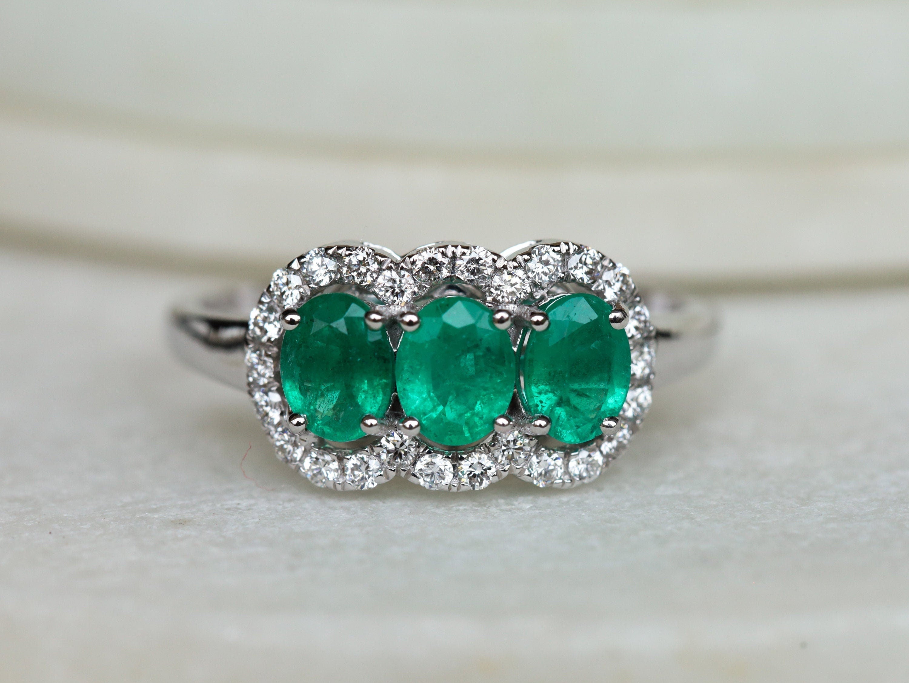 Art Deco Three-Stone Emerald Engagement Ring | Vintage Halo Emerald and Diamond Ring -