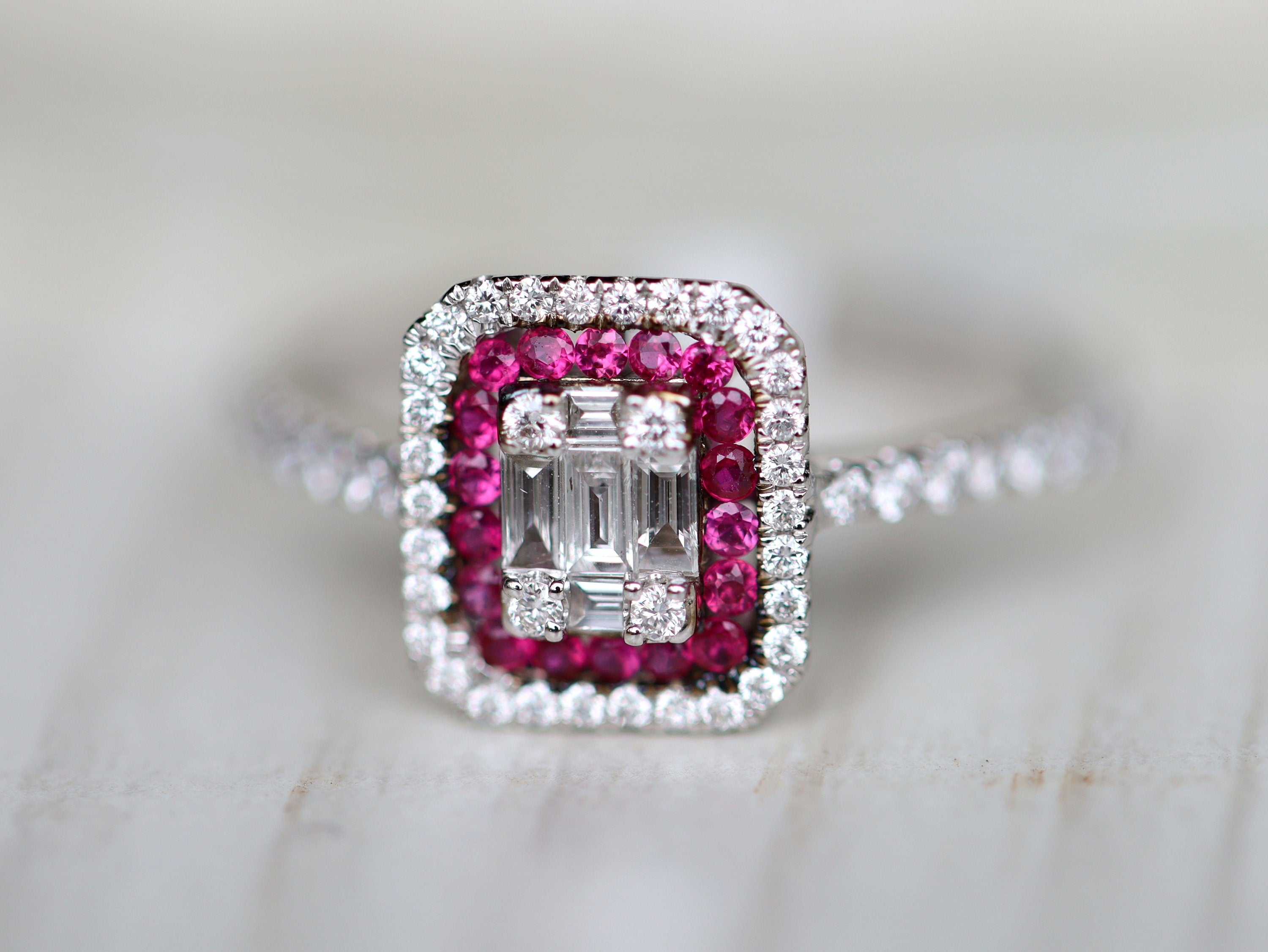 Diamond & Ruby Ring | Illusion Setting | Diamond Baguette Engagement | Anniversary Ring -