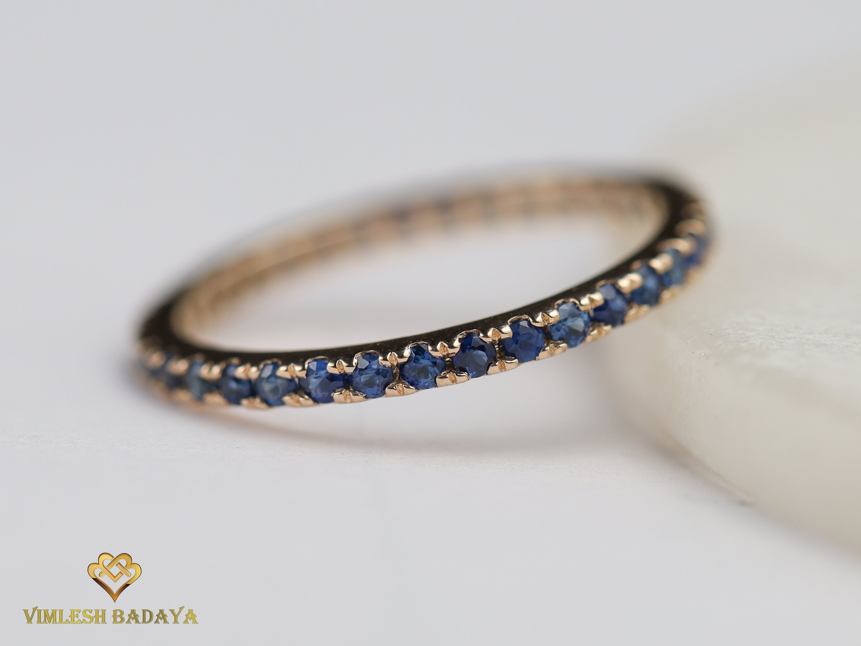 Full Eternity Blue Sapphire Wedding Band | Pink Sapphire 1.5mm Stacking Ring -