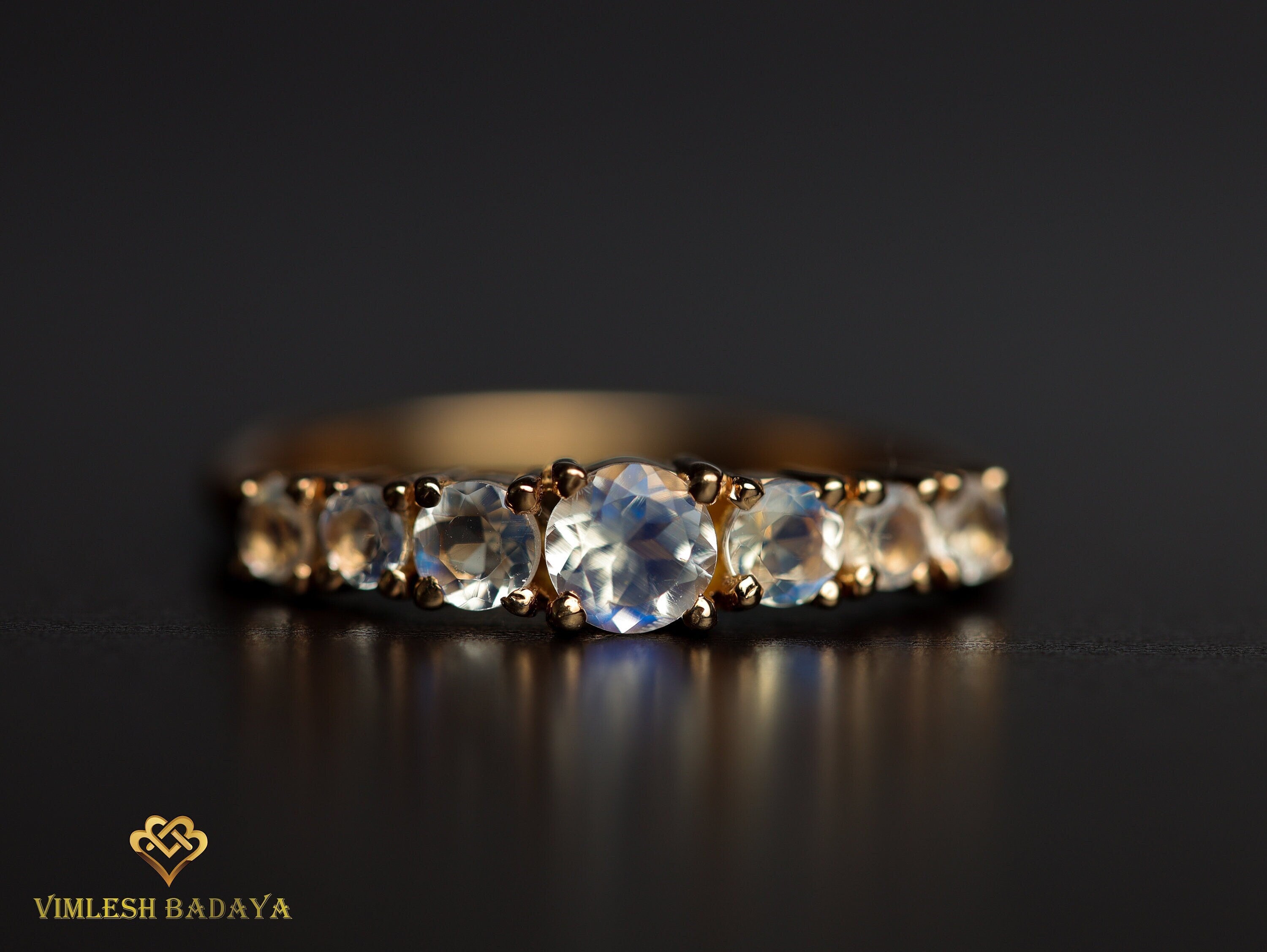 Rainbow Moonstone Engagement Ring | 7 Stone June Birthstone Ring | Solid Gold Cluster Ring -