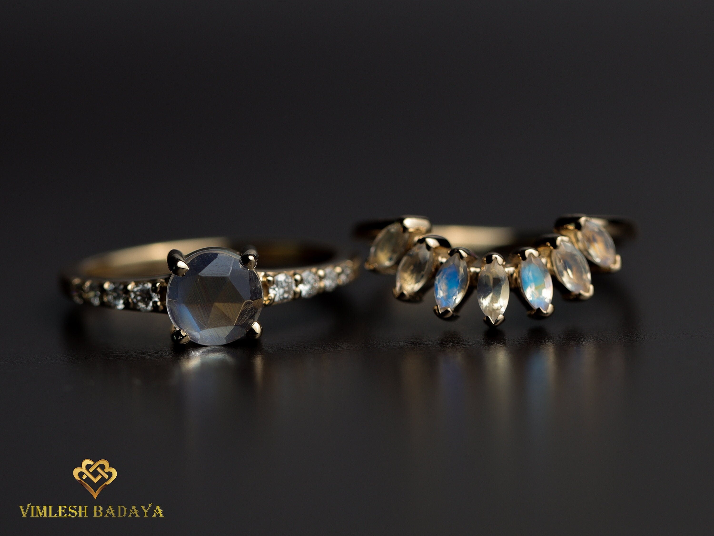 Moonstone Engagement Ring Set | Pear Cut Moonstone Ring | Curved Wedding Ring -