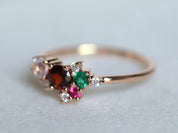 Garnet Moonstone Emerald Cluster Ring | Garnet & Diamond Ring | January Birthstone -