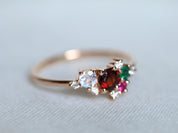 Garnet Moonstone Emerald Cluster Ring | Garnet & Diamond Ring | January Birthstone -