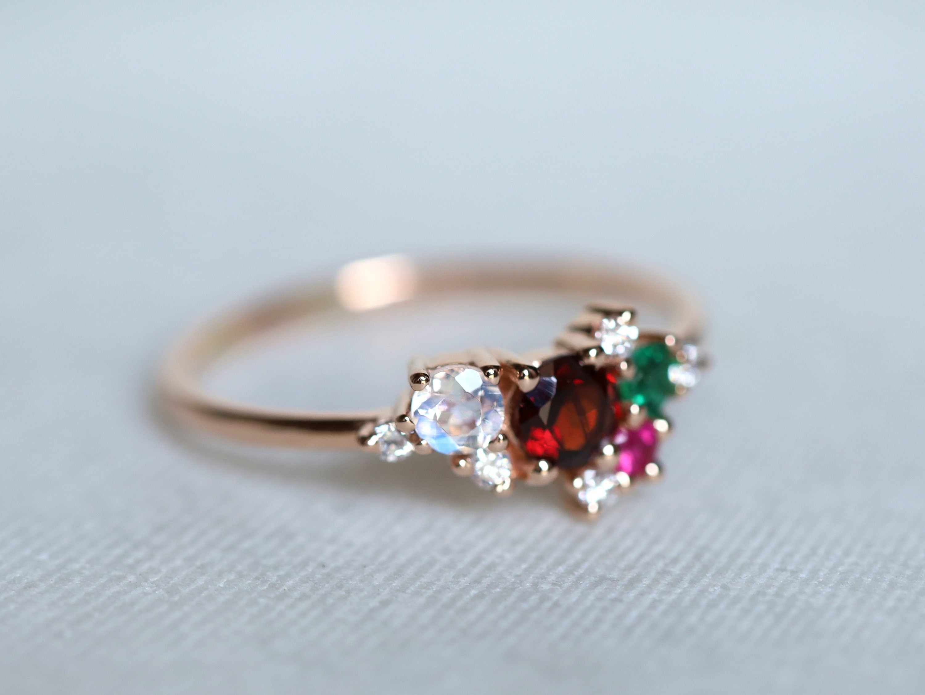 Garnet Moonstone Emerald Cluster Ring | Garnet & Diamond Ring | January Birthstone -