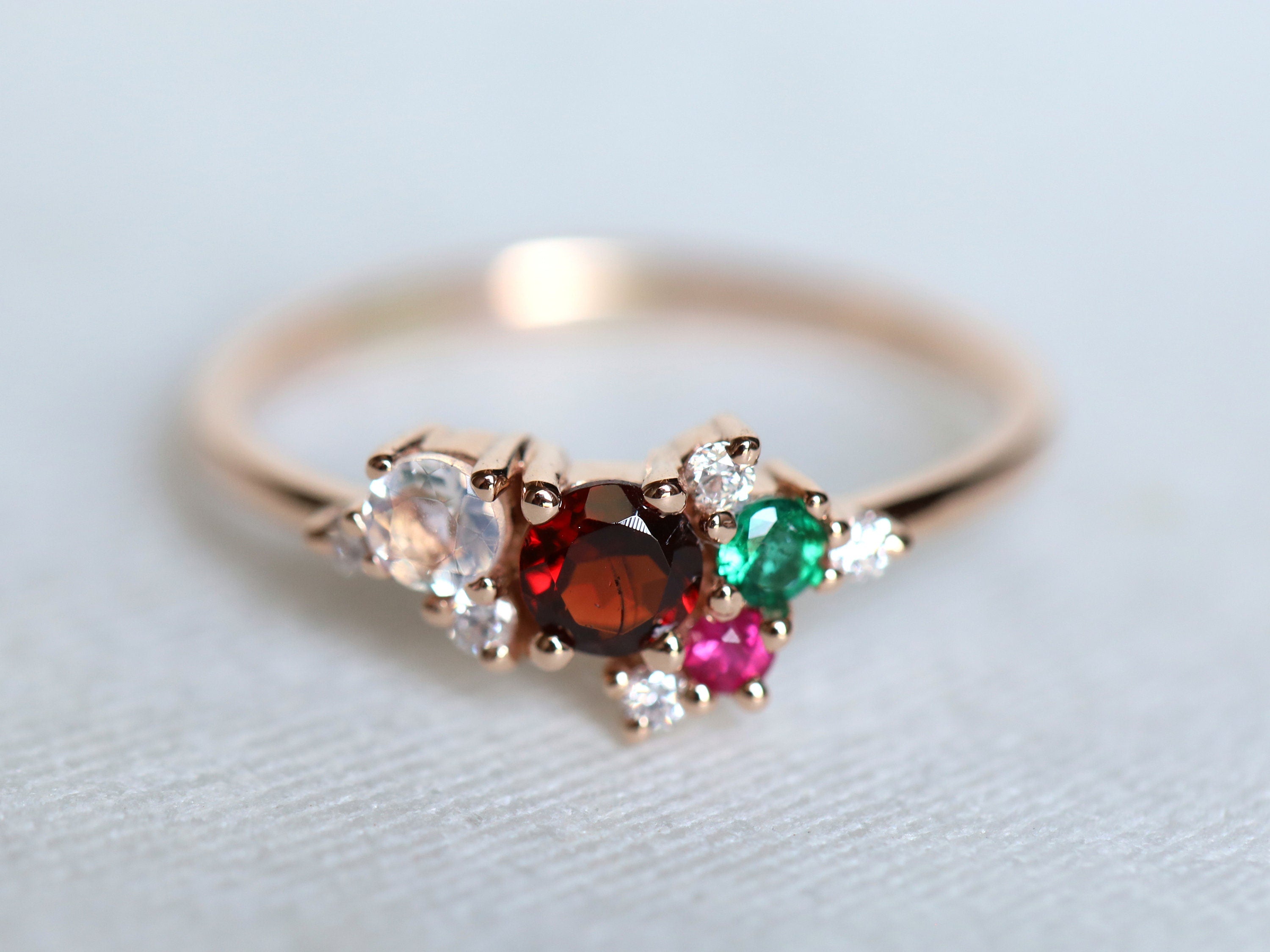 Garnet Moonstone Emerald Cluster Ring | Garnet & Diamond Ring | January Birthstone -