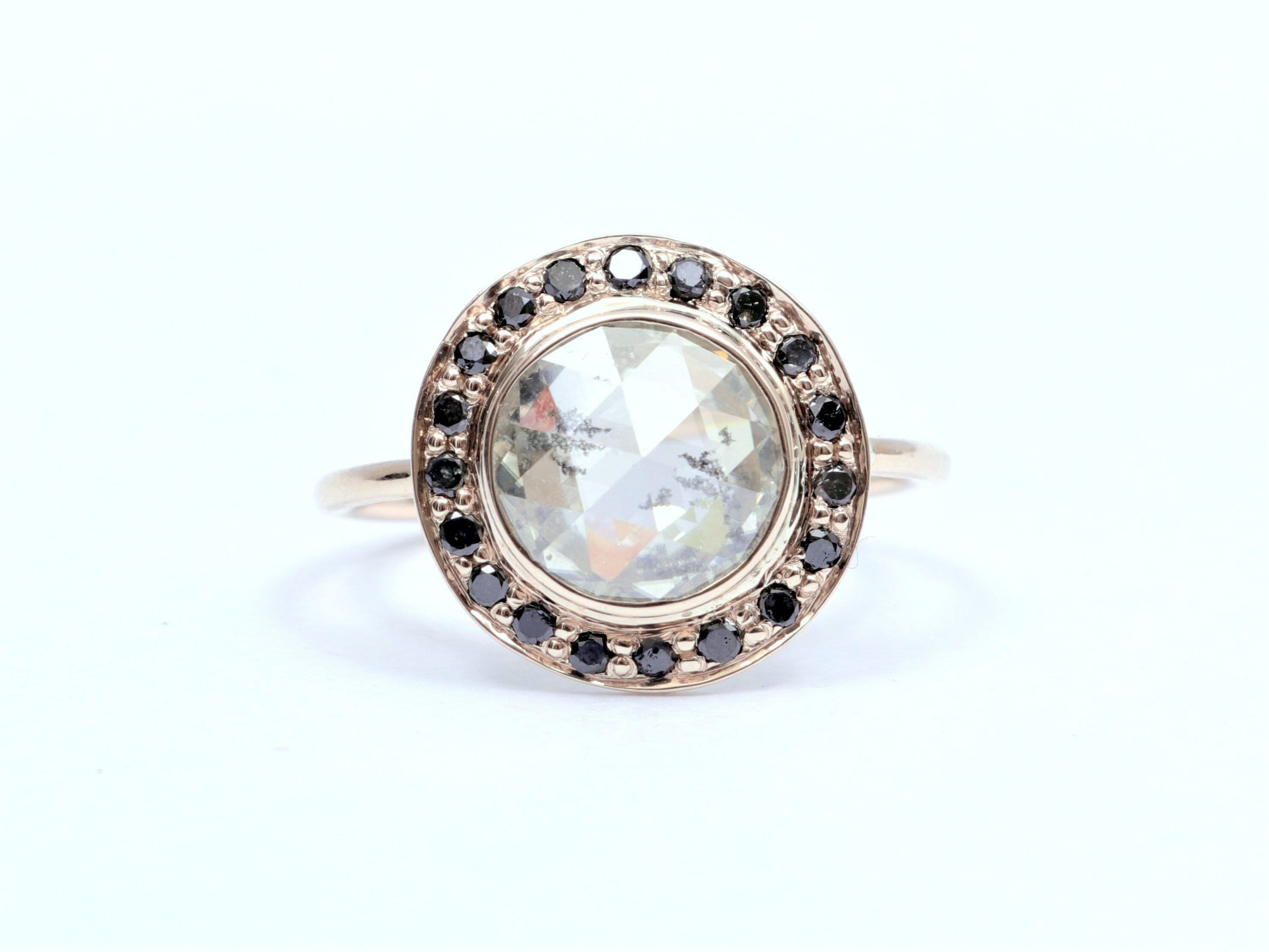 1.5 Carat Diamond Halo Ring | Rose Cut Halo | Black Diamond Ring | Art Deco -