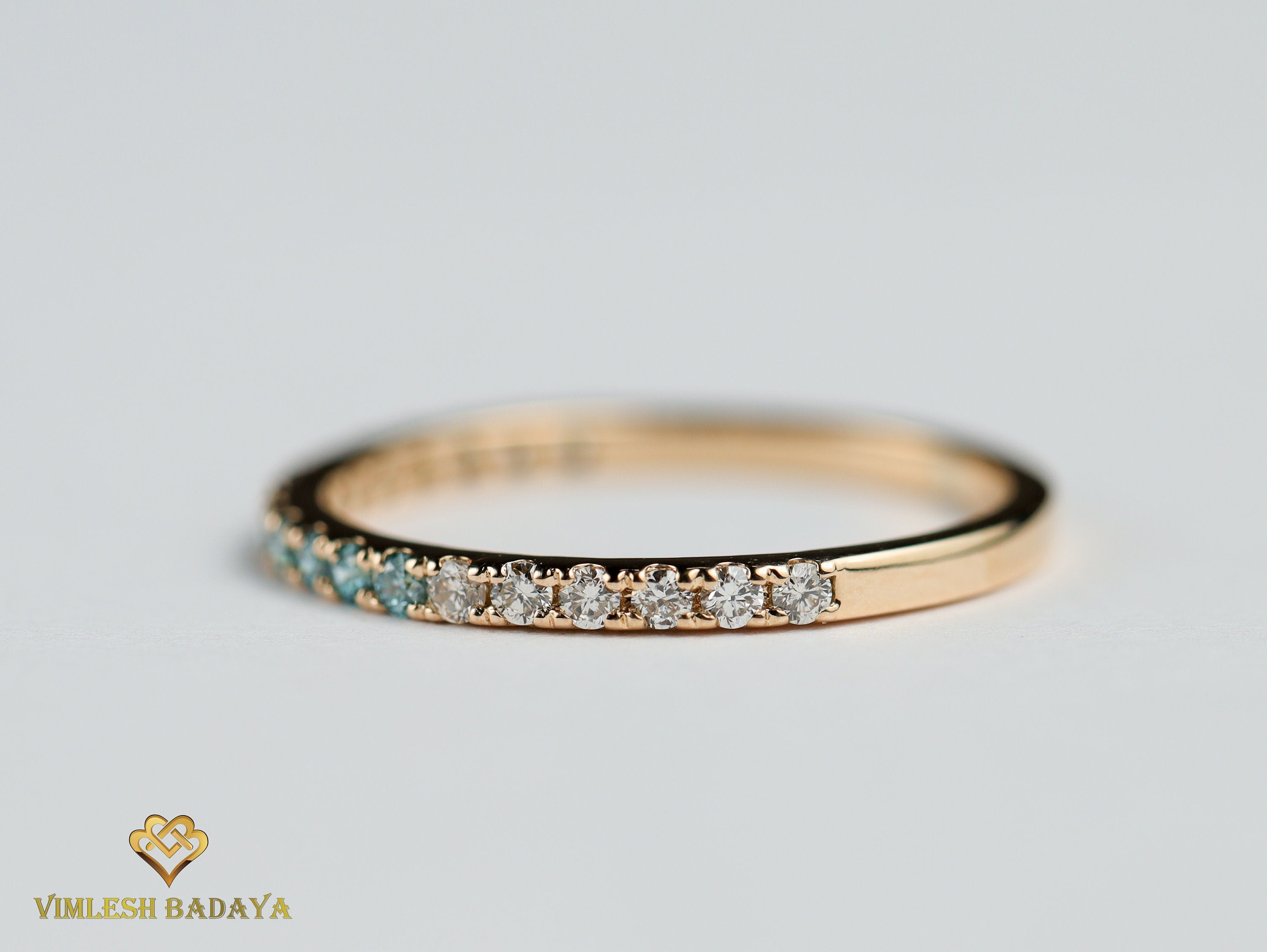 Blue Diamond & White Diamond Wedding Band | Minimalist Multi-Color Eternity Ring | Thin Stacking Ring -