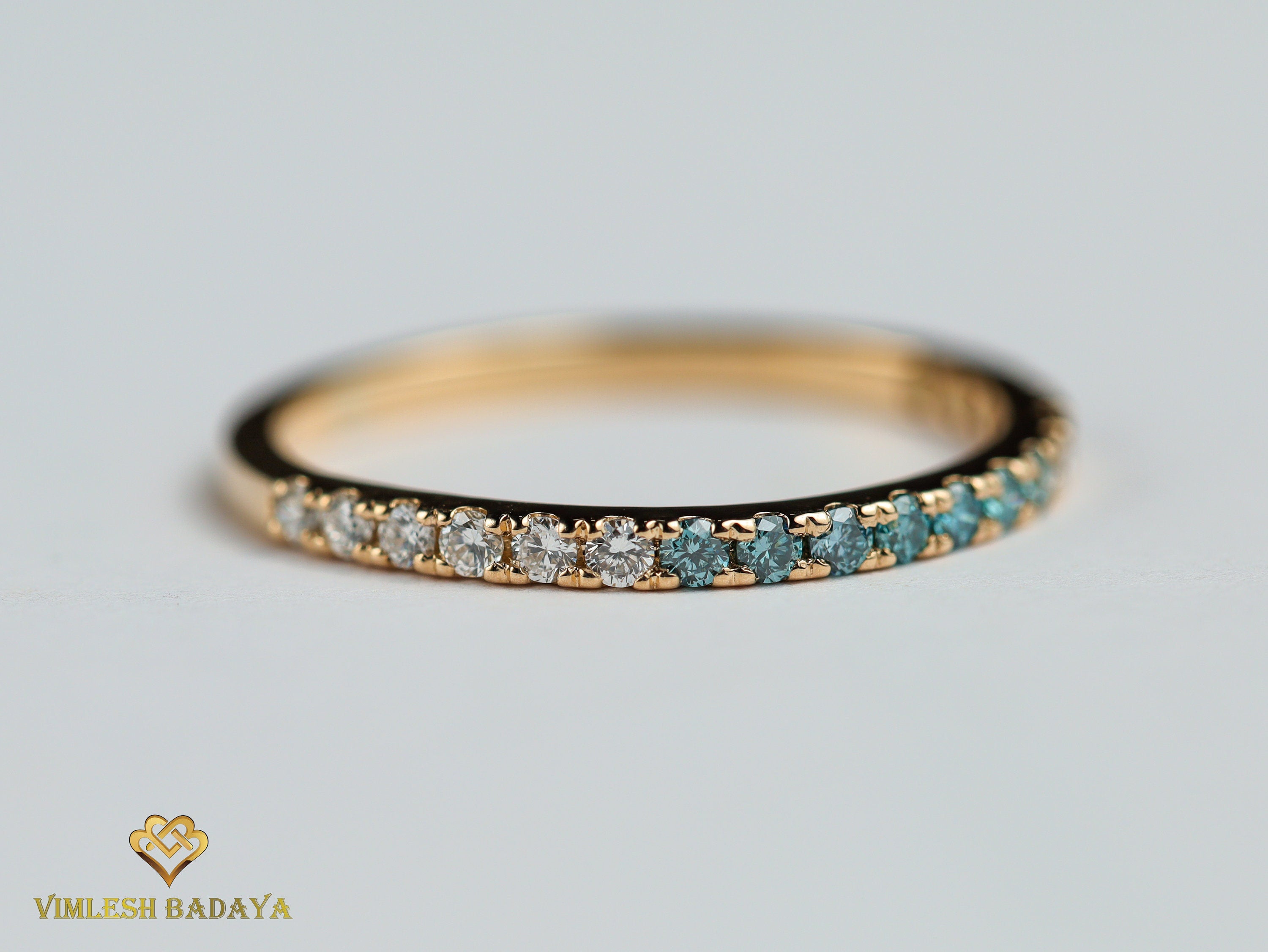 Blue Diamond & White Diamond Wedding Band | Minimalist Multi-Color Eternity Ring | Thin Stacking Ring -