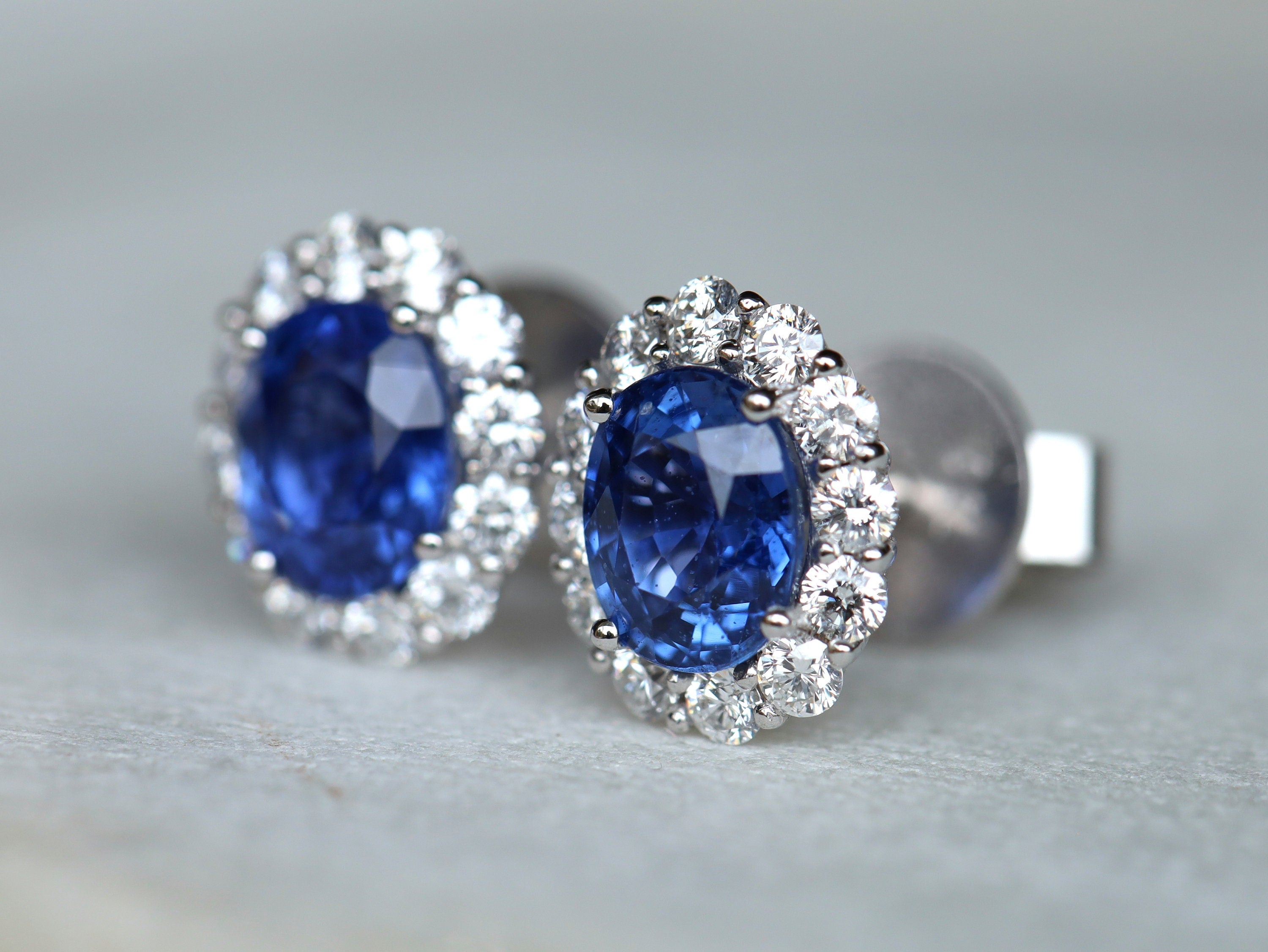 Natural Blue Sapphire Halo Earrings | Sapphire Stud Earrings | Gold Studs | Genuine Sapphire Jewelry -