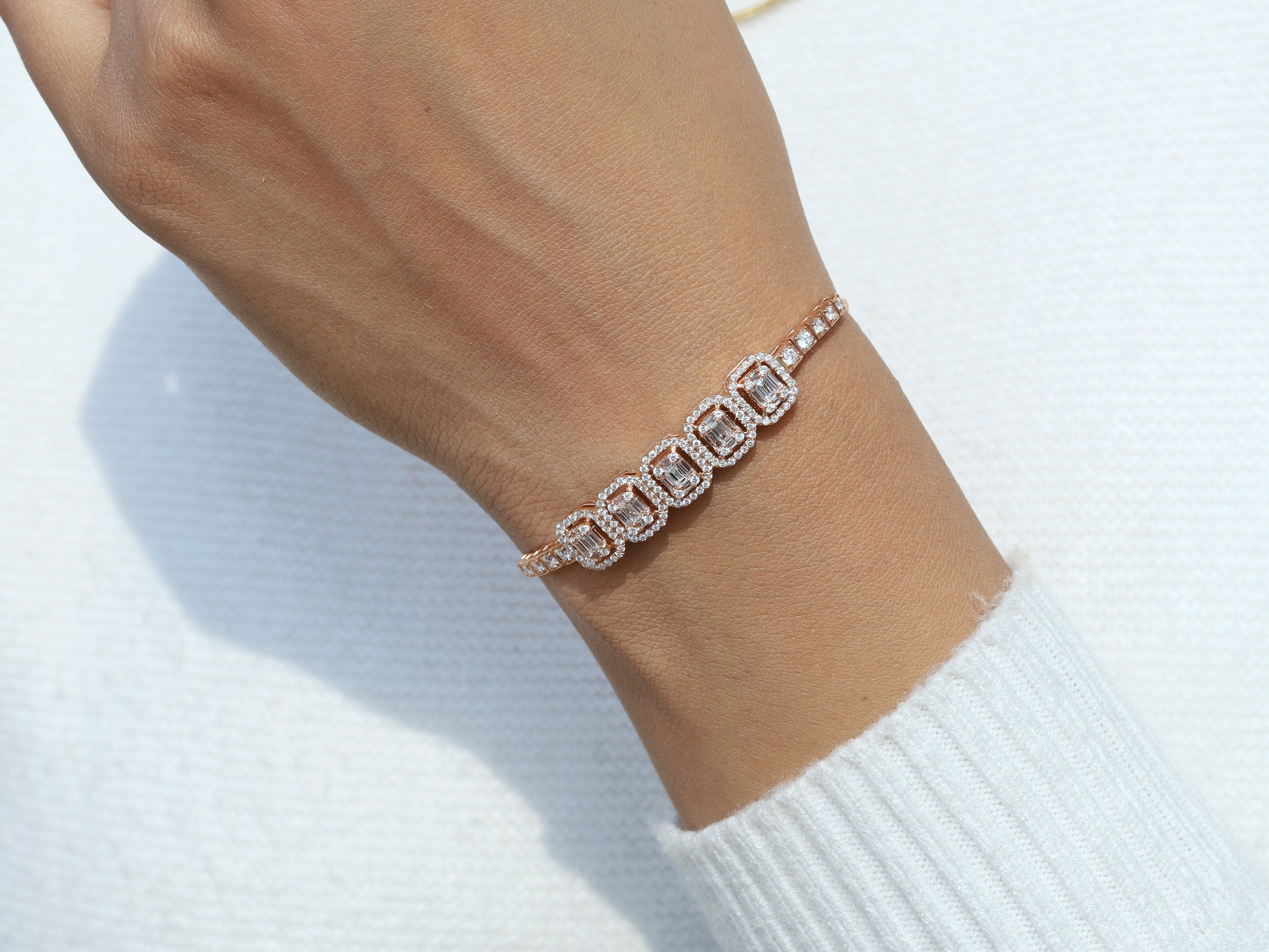 Natural Diamond Baguette Slider Tennis Bracelet | Illusion Setting Diamond Bracelet | Baguette & Round Diamond Bracelet -