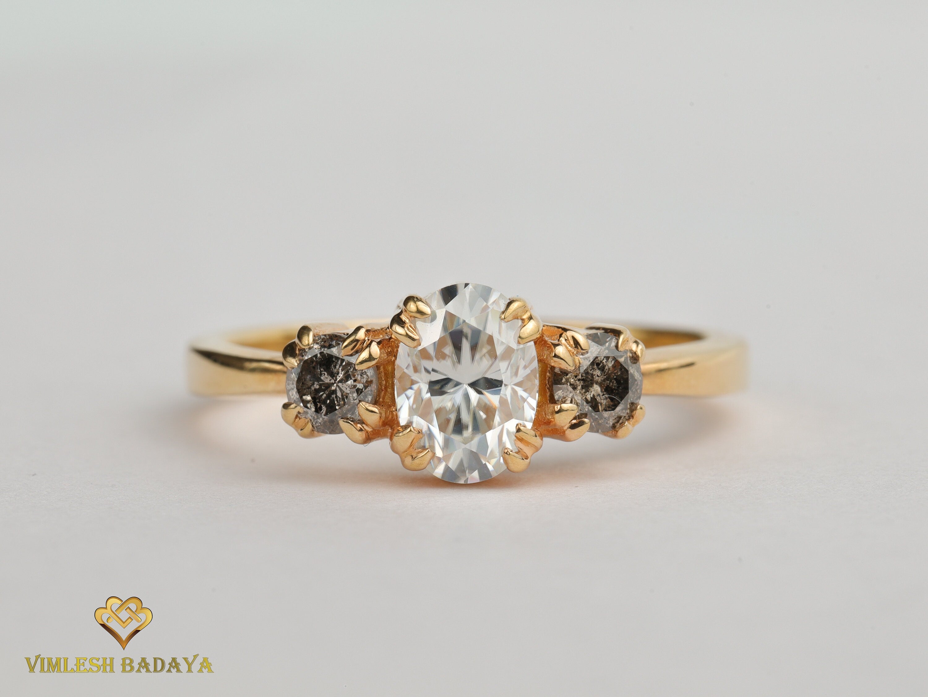 GIA Certified Oval Cut Diamond Engagement Ring | Gray Salt and Pepper Diamond Three Stone Ring -