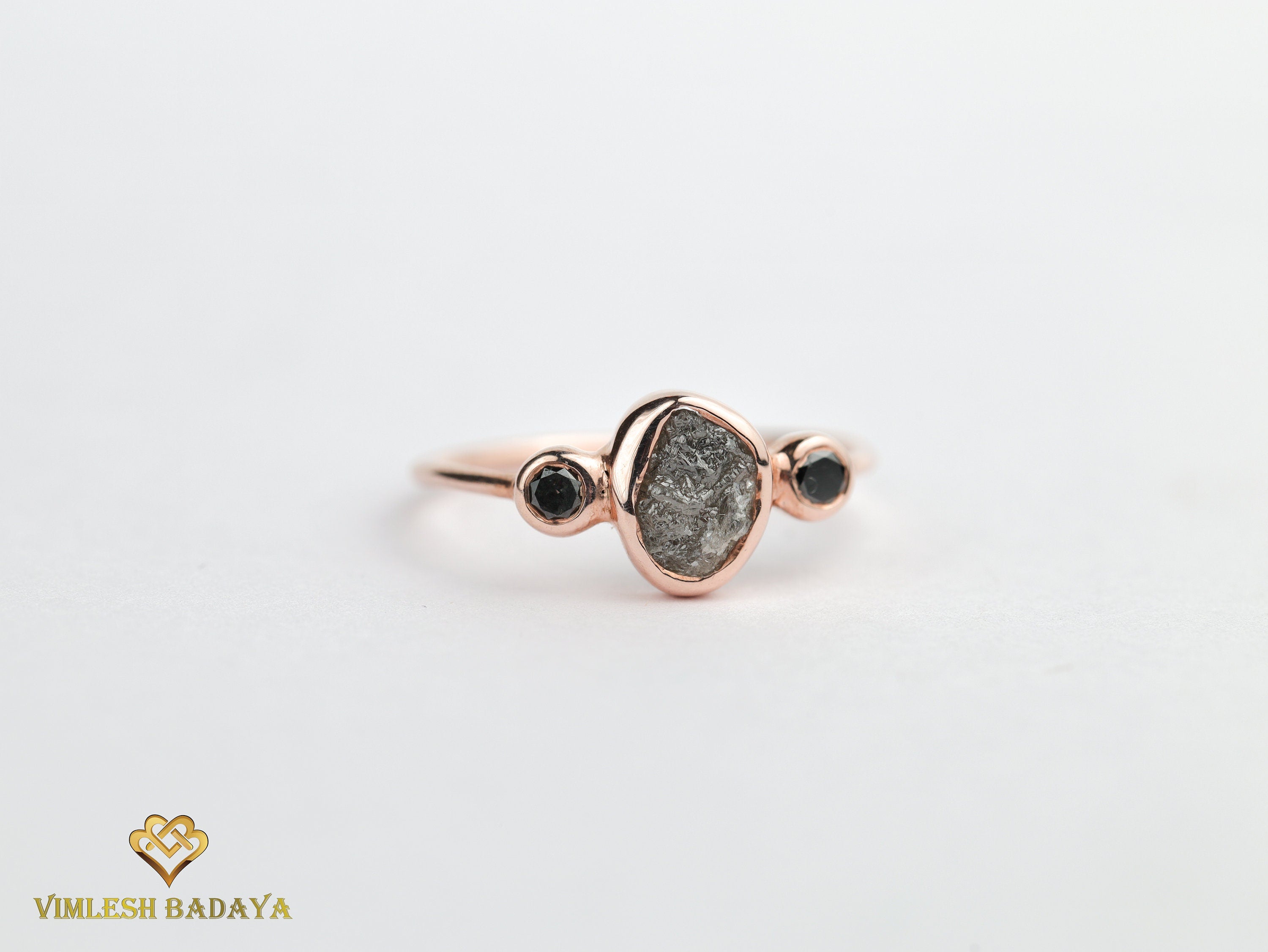 Rough Diamond Three-Stone Ring | Black Diamond Engagement Ring | 2-Carat Raw Stone Jewelry -
