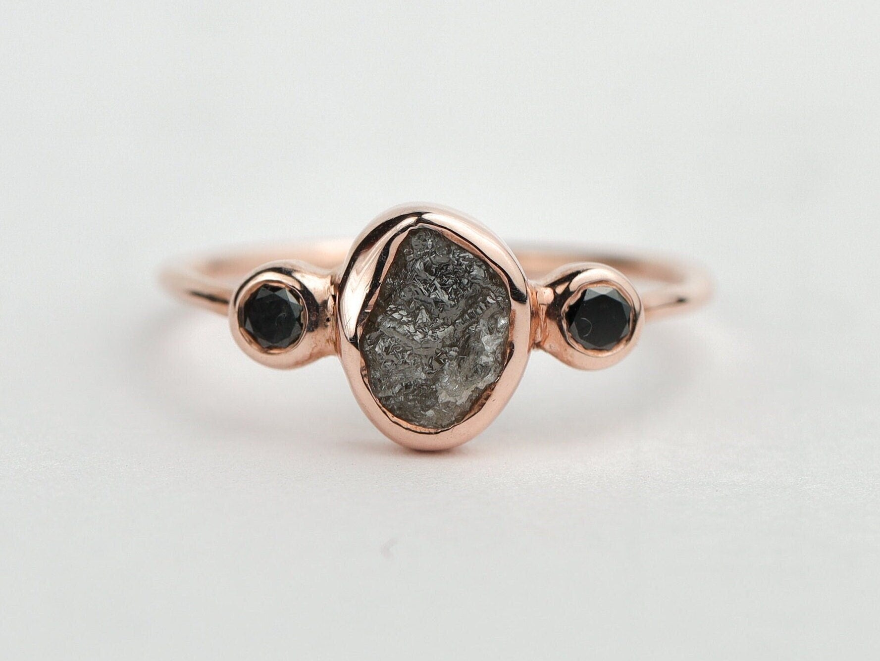 Rough Diamond Three-Stone Ring | Black Diamond Engagement Ring | 2-Carat Raw Stone Jewelry -
