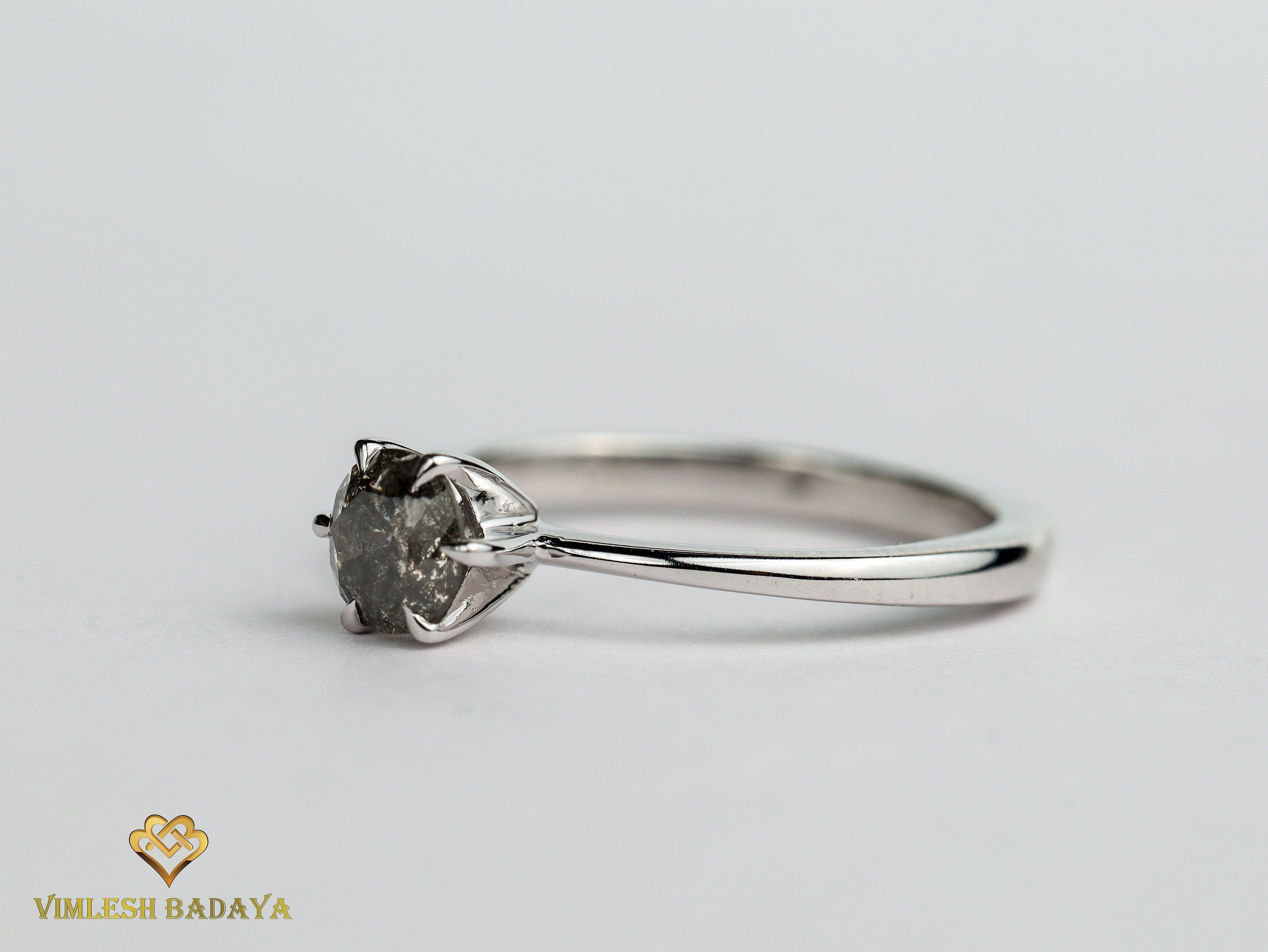 Salt & Pepper Diamond Solitaire Ring | 5mm Gray Diamond Ring | Solid Gold Engagement Ring -