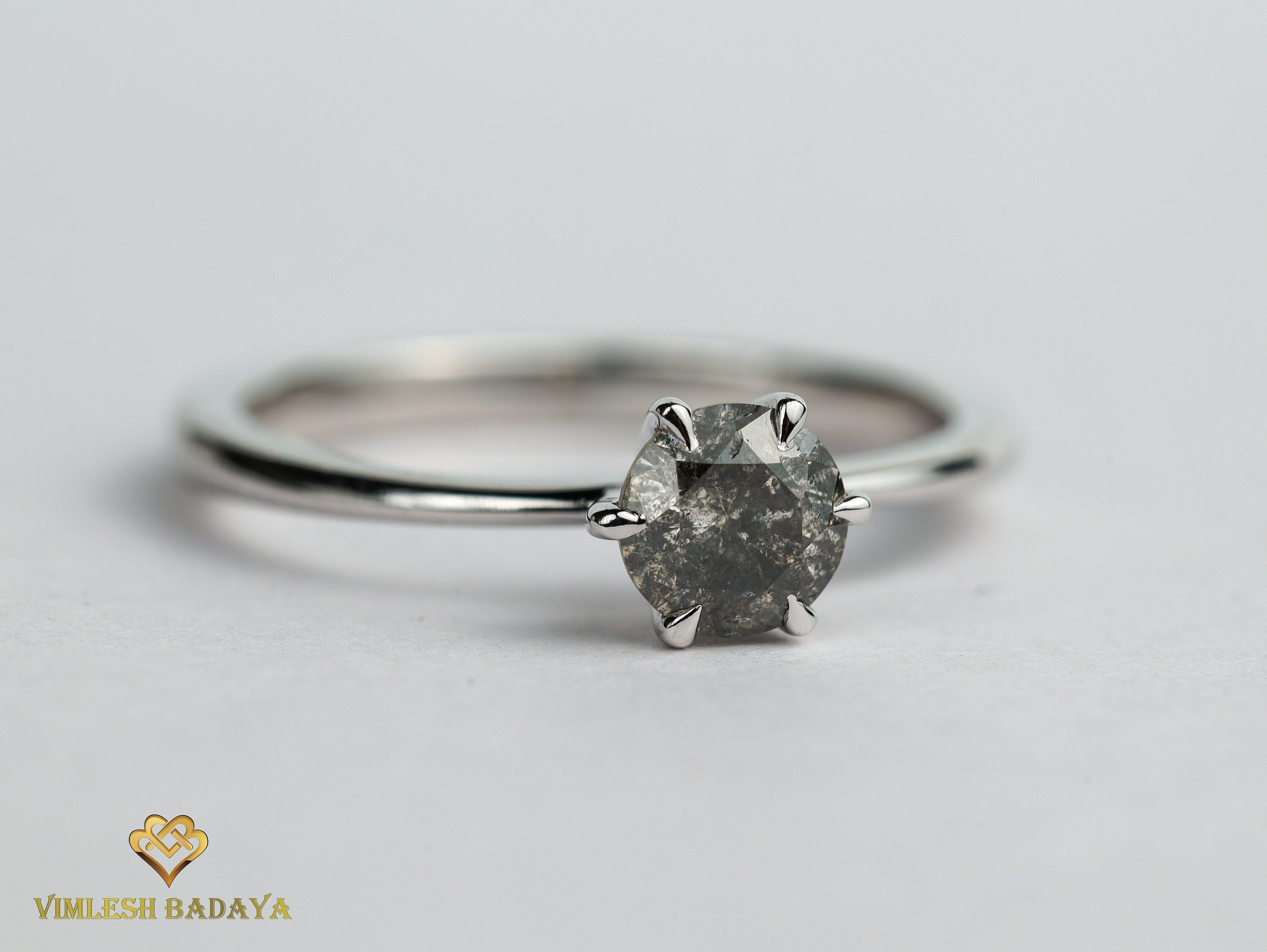 Salt & Pepper Diamond Solitaire Ring | 5mm Gray Diamond Ring | Solid Gold Engagement Ring -