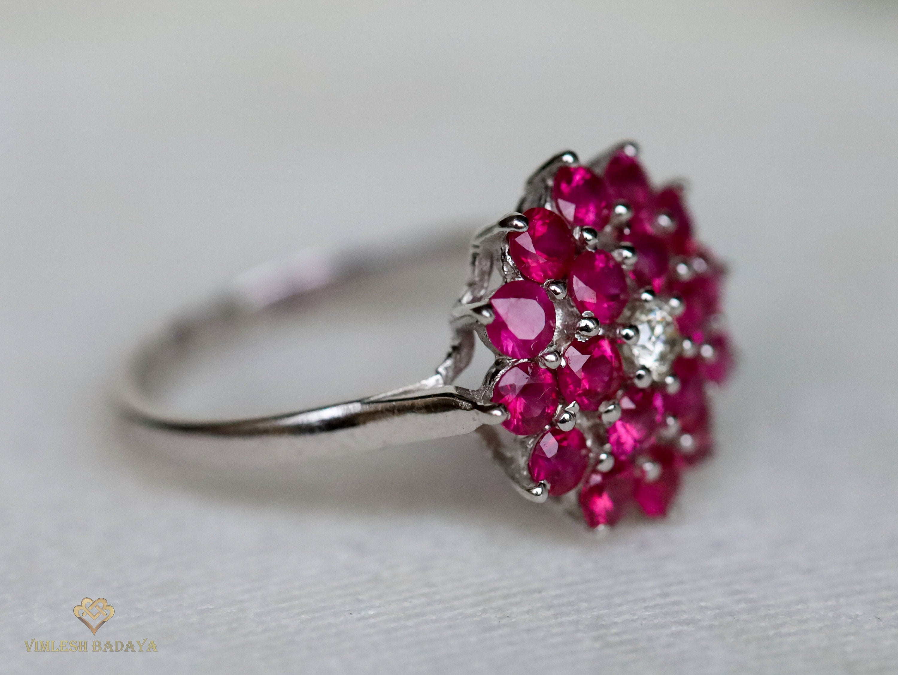 Vintage Ruby Diamond Cluster Ring | Ruby Engagement Ring | July Birthstone -