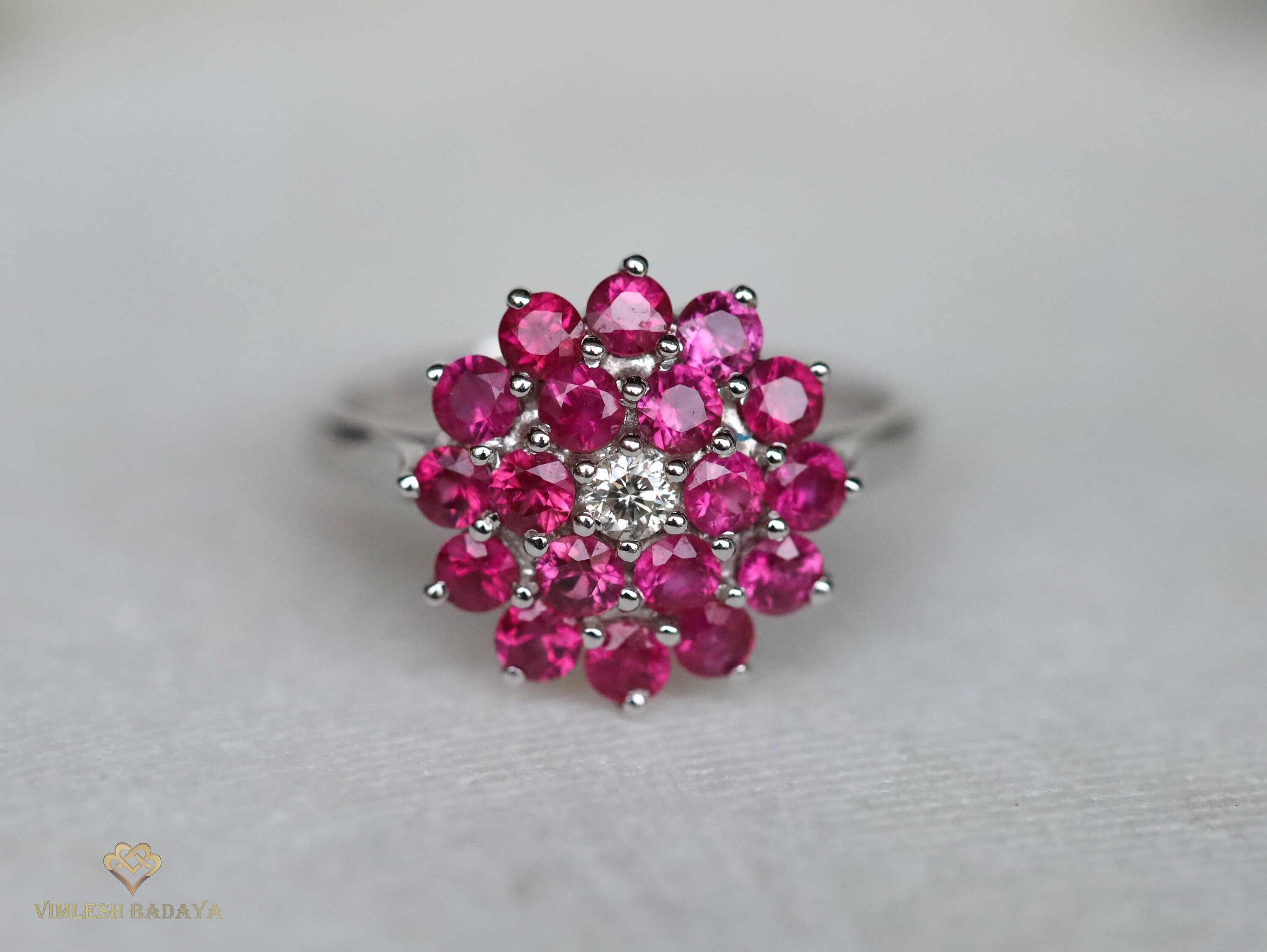 Vintage Ruby Diamond Cluster Ring | Ruby Engagement Ring | July Birthstone -
