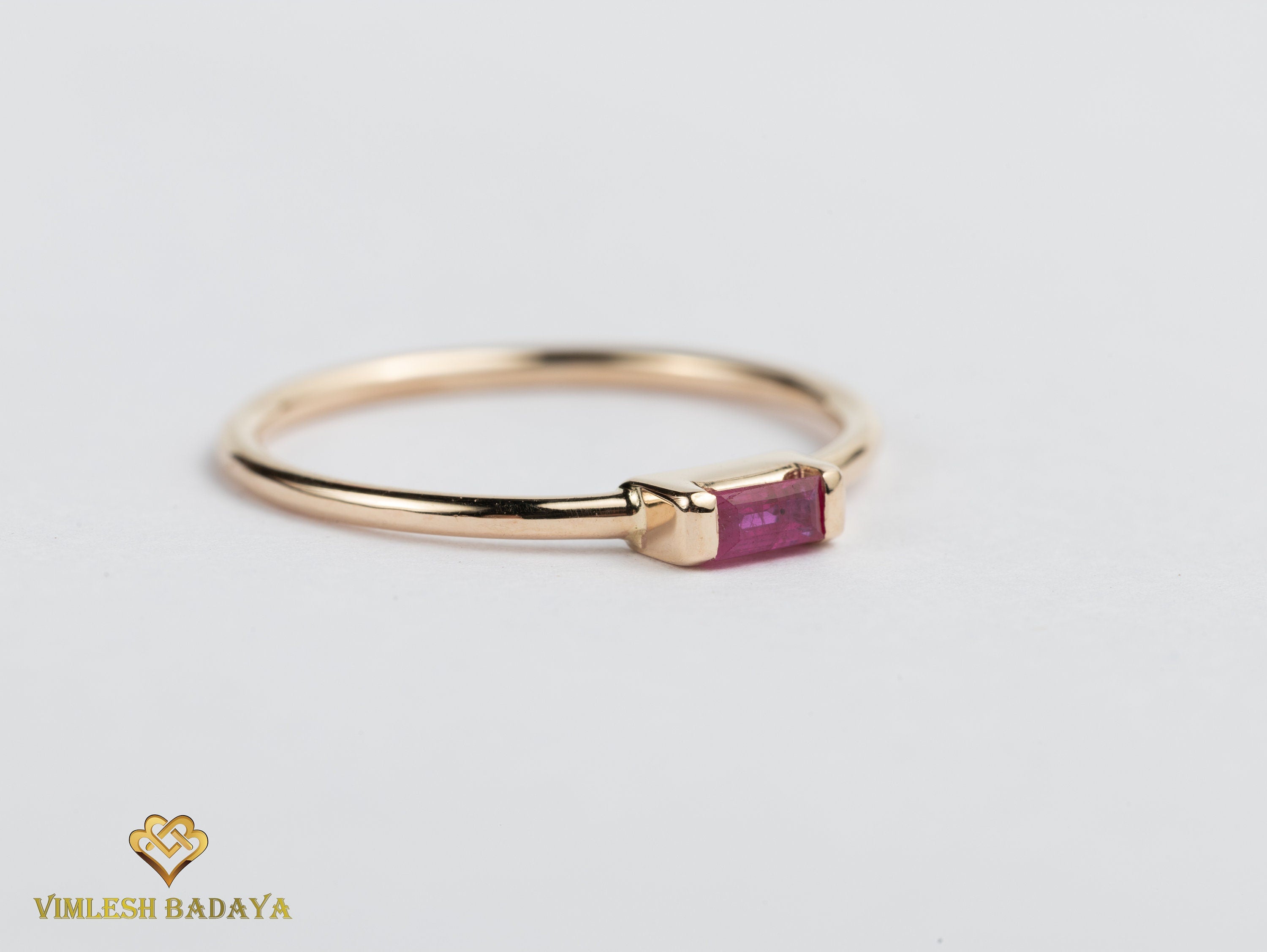 Ruby Baguette Stacking Ring | Dainty July Birthstone Ruby Ring | Everyday Minimal Ruby Ring -