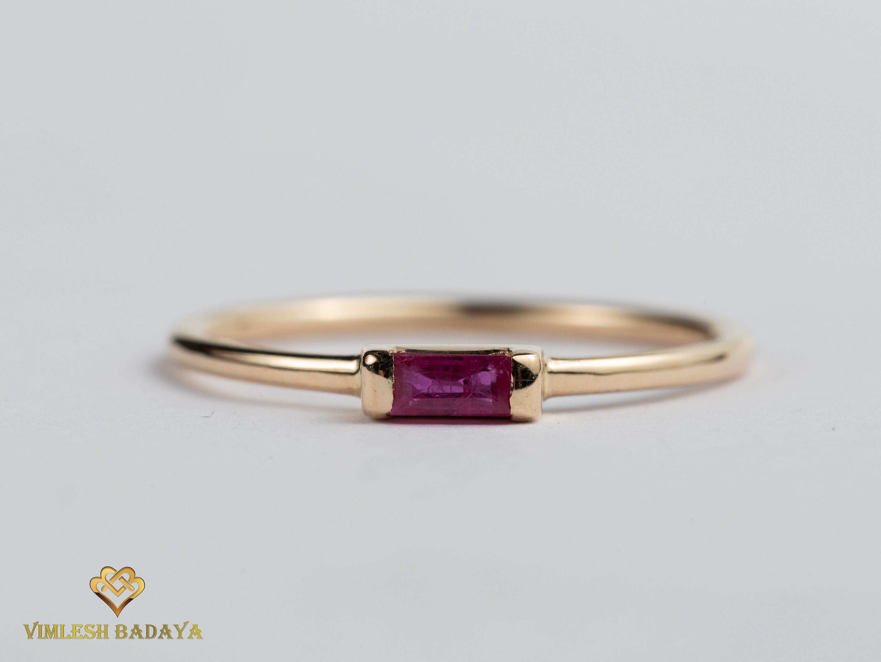 Ruby Baguette Stacking Ring | Dainty July Birthstone Ruby Ring | Everyday Minimal Ruby Ring -