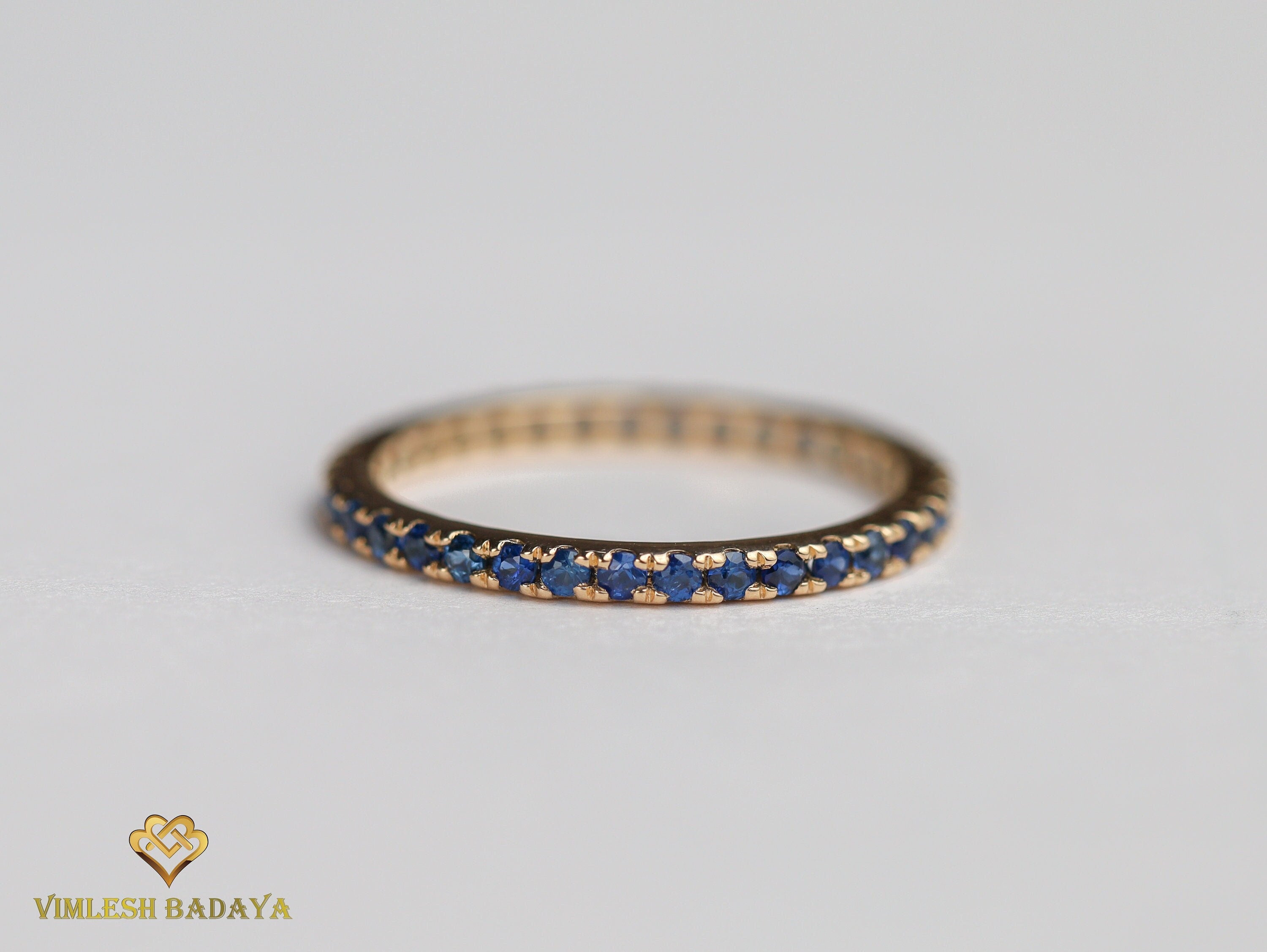 Full Eternity Blue Sapphire Wedding Band | Pink Sapphire 1.5mm Stacking Ring -