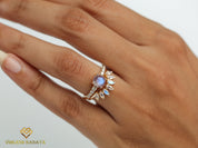Moonstone Engagement Ring Set | Pear Cut Moonstone Ring | Curved Wedding Ring -