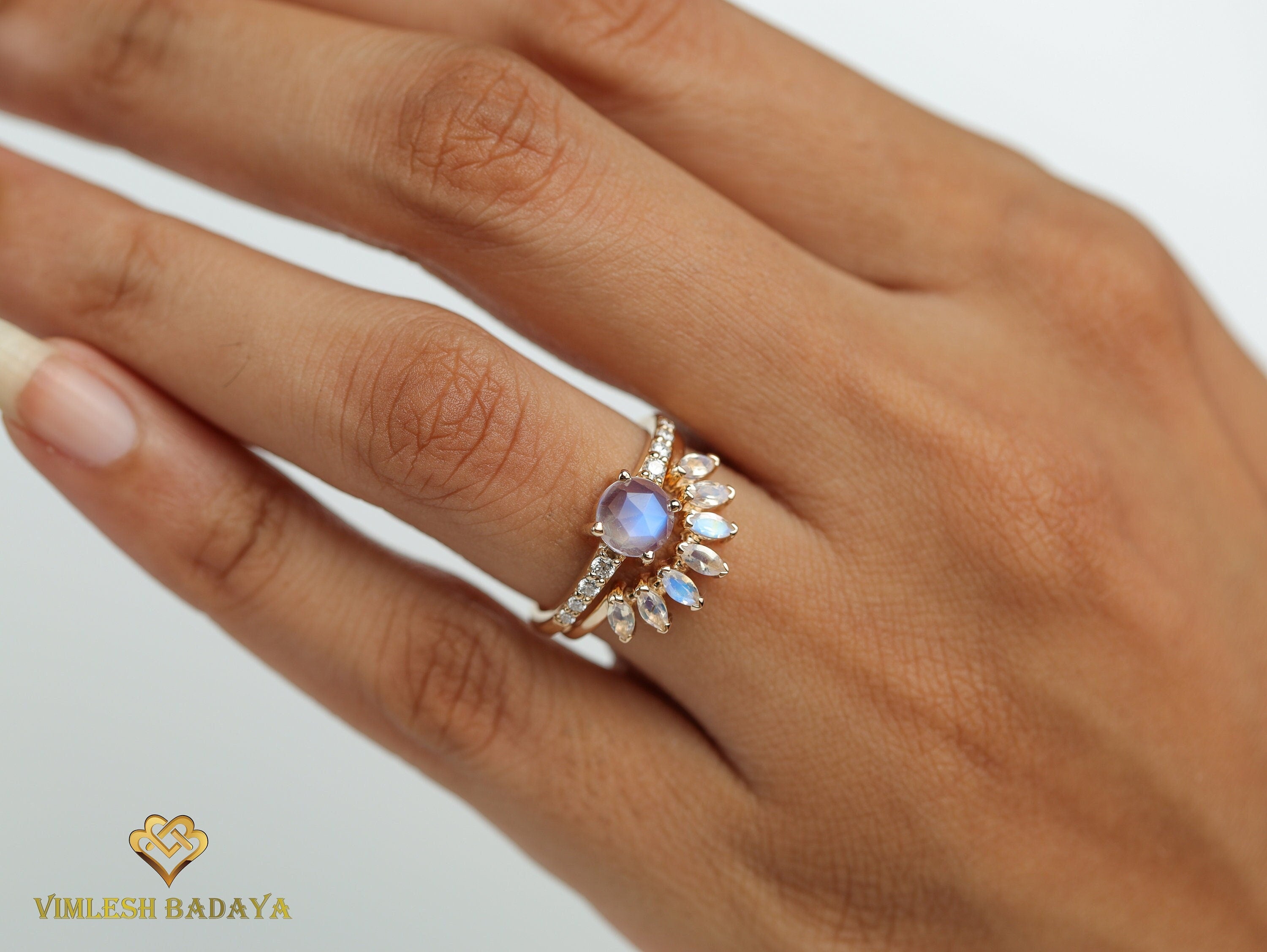 Moonstone Engagement Ring Set | Pear Cut Moonstone Ring | Curved Wedding Ring -