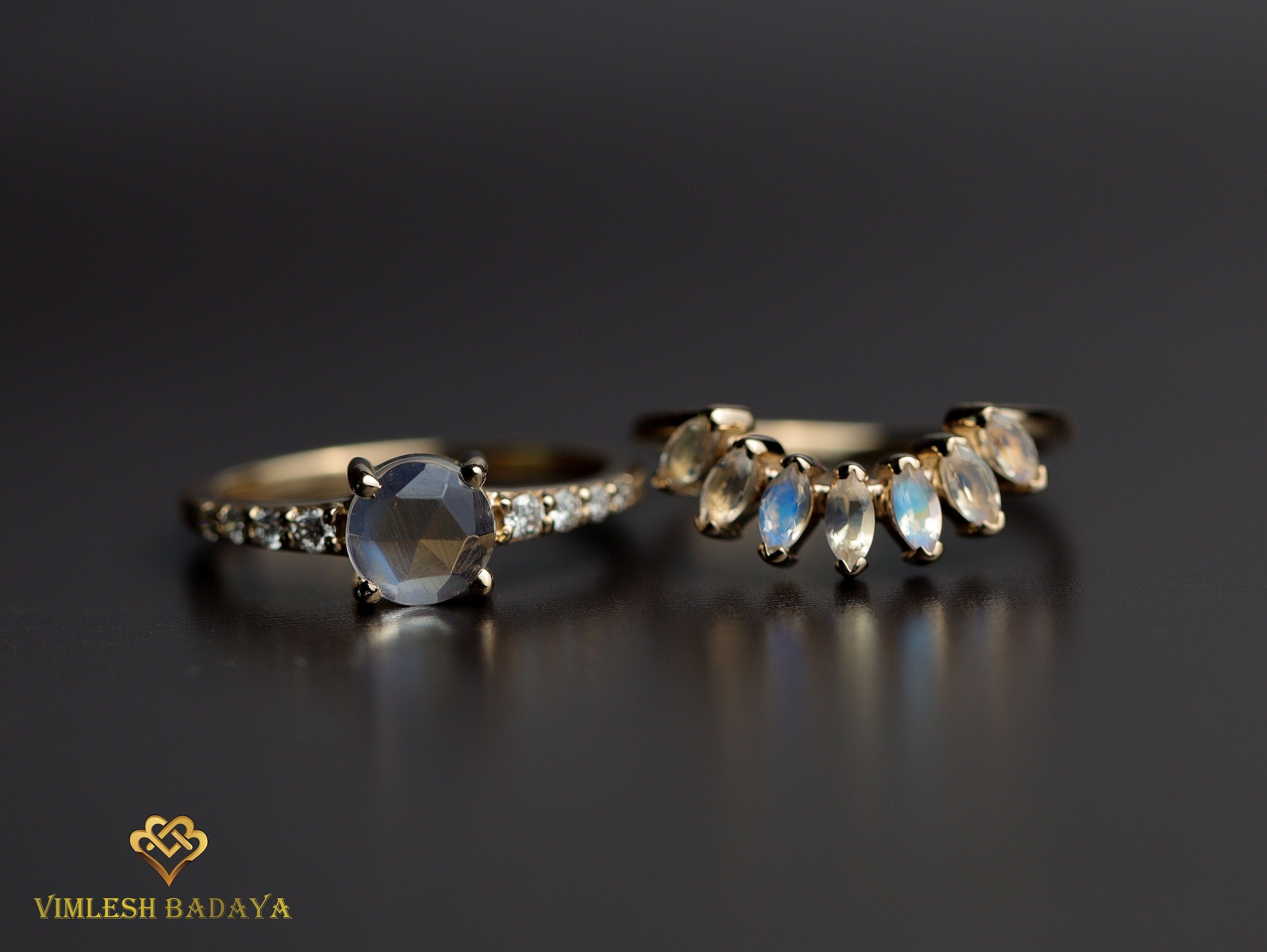 Moonstone Engagement Ring Set | Pear Cut Moonstone Ring | Curved Wedding Ring -