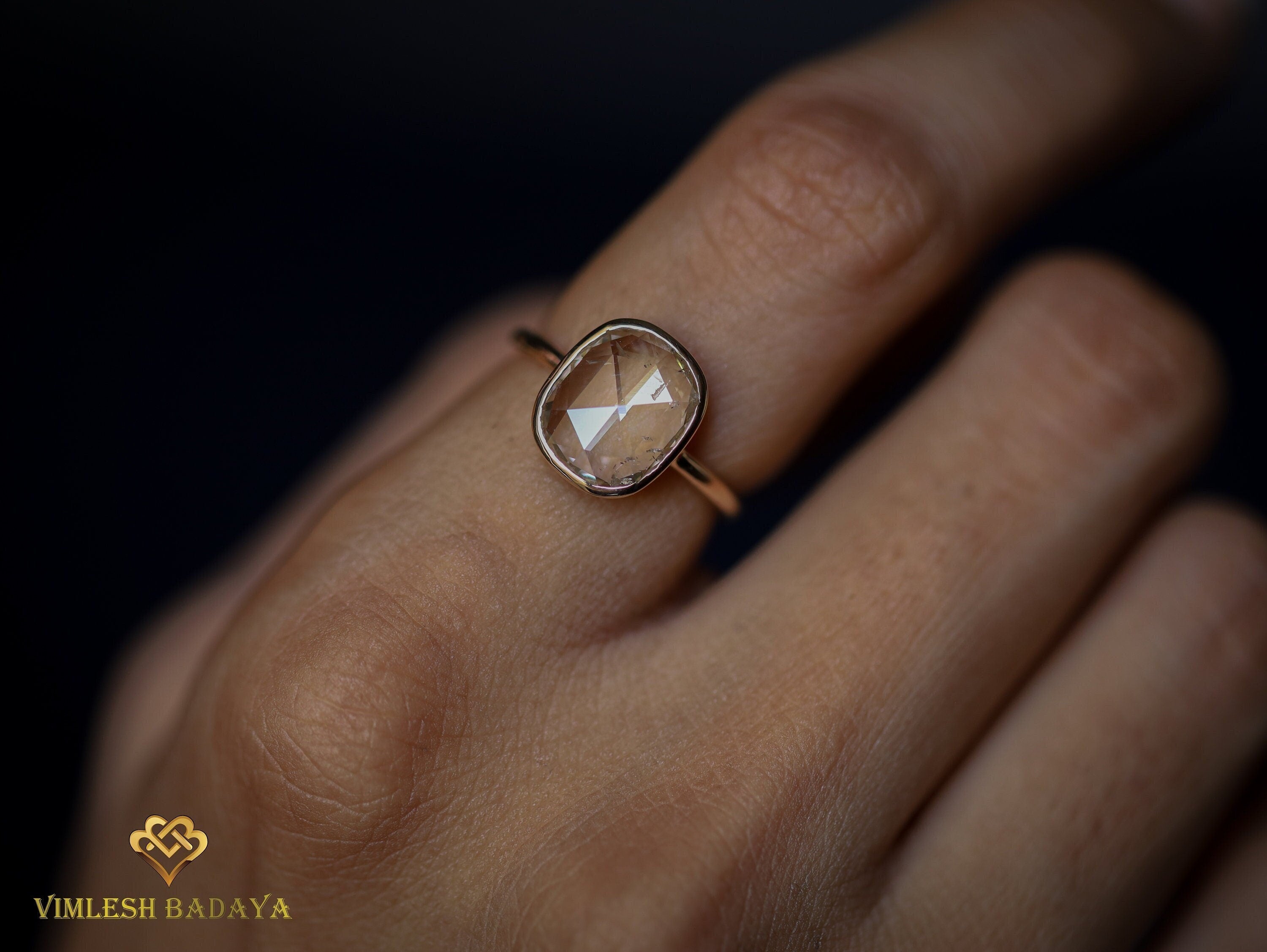 2ct Rose Cut Light Brown Diamond Engagement Ring | Cushion Diamond Ring -