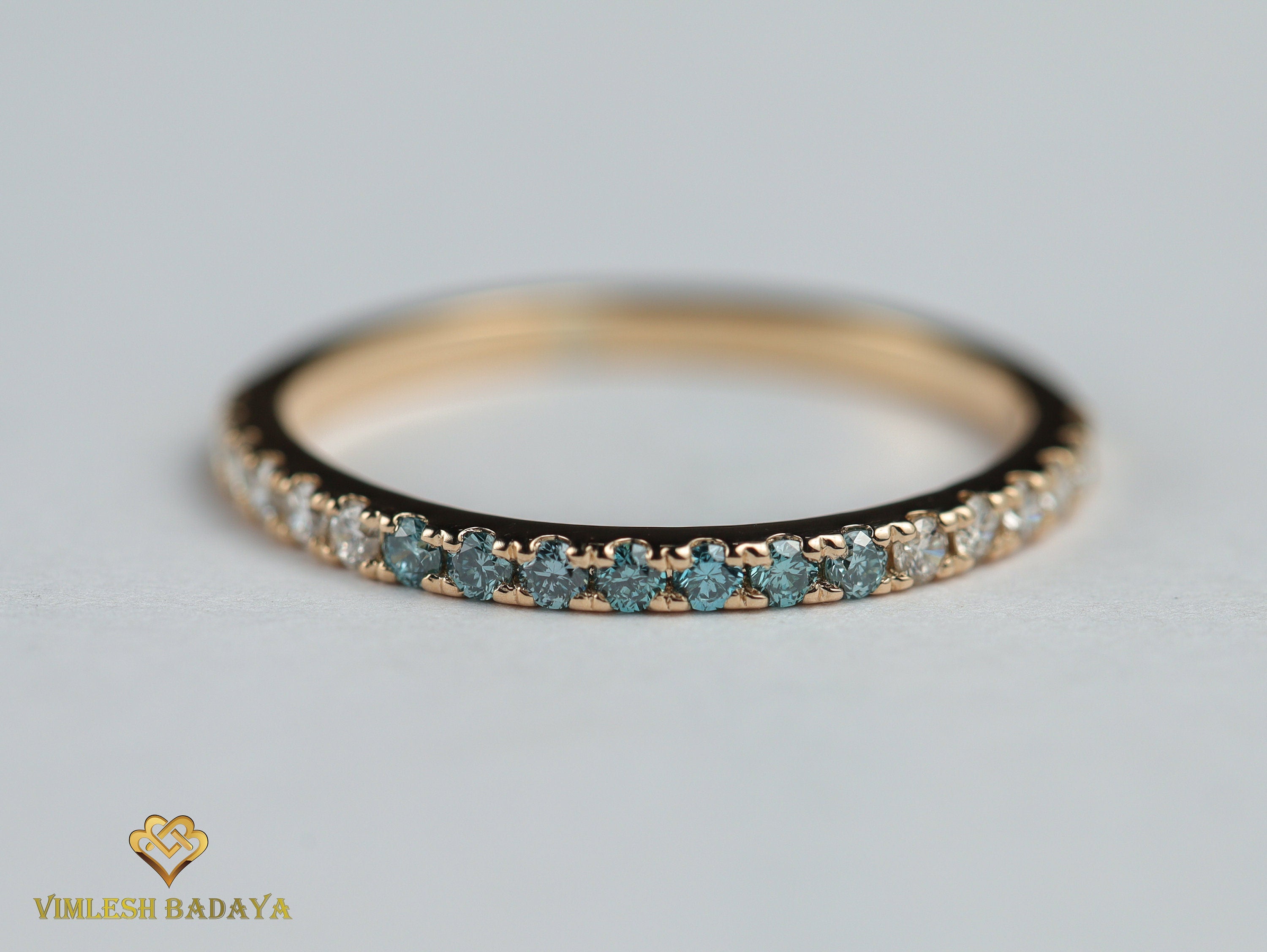 Blue Diamond & White Diamond Wedding Band | Minimalist Multi-Color Eternity Ring | Thin Stacking Ring -