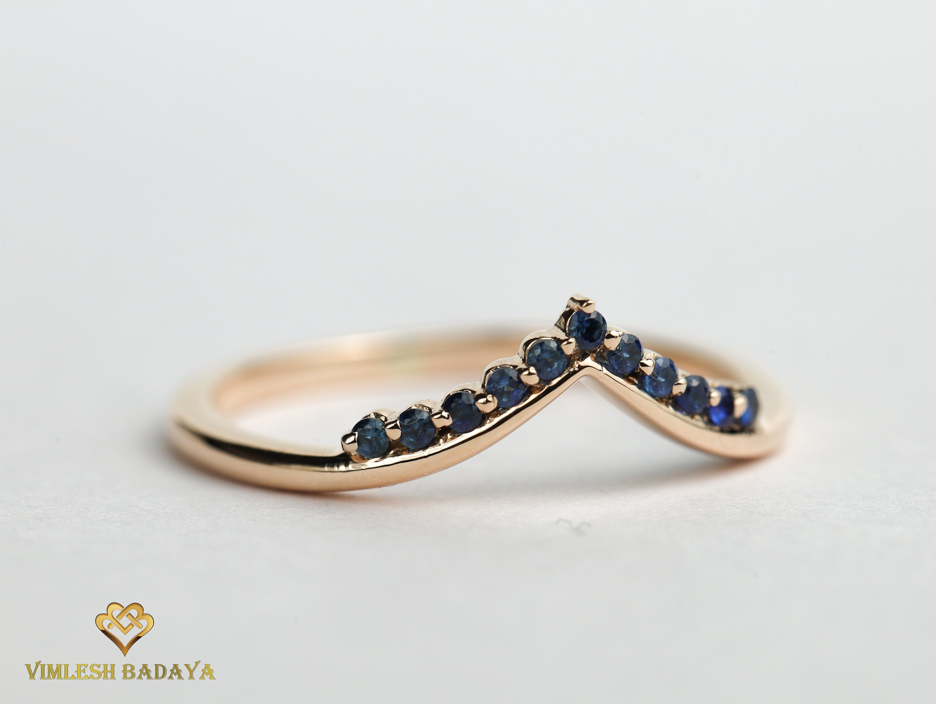 Chevron Sapphire Wedding Ring | Nesting Sapphire Band | Stackable Blue Sapphire Wedding Ring -